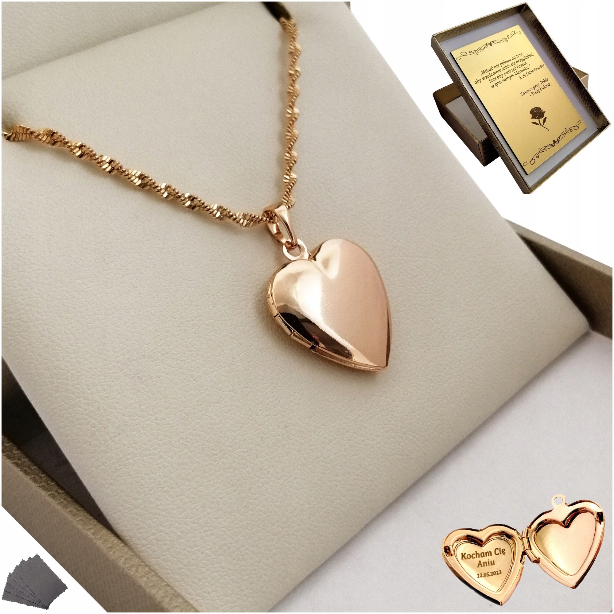 

Piękny Złoty Łańcuszek Singapur Serce Grawer 18K