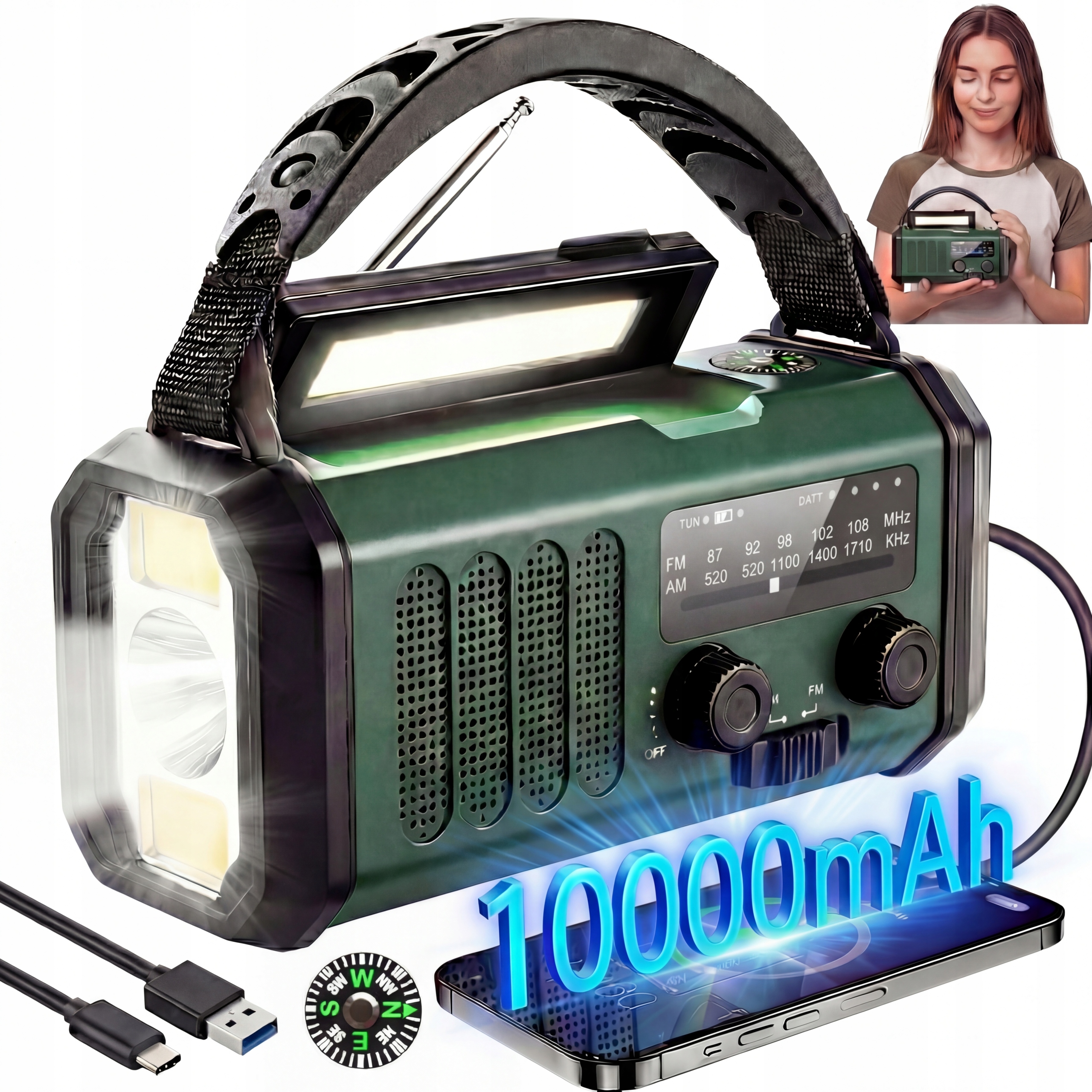 Przenośne Radio Awaryjne Budowlane Solarne Na Korbkę Latarka Powerbank Sos