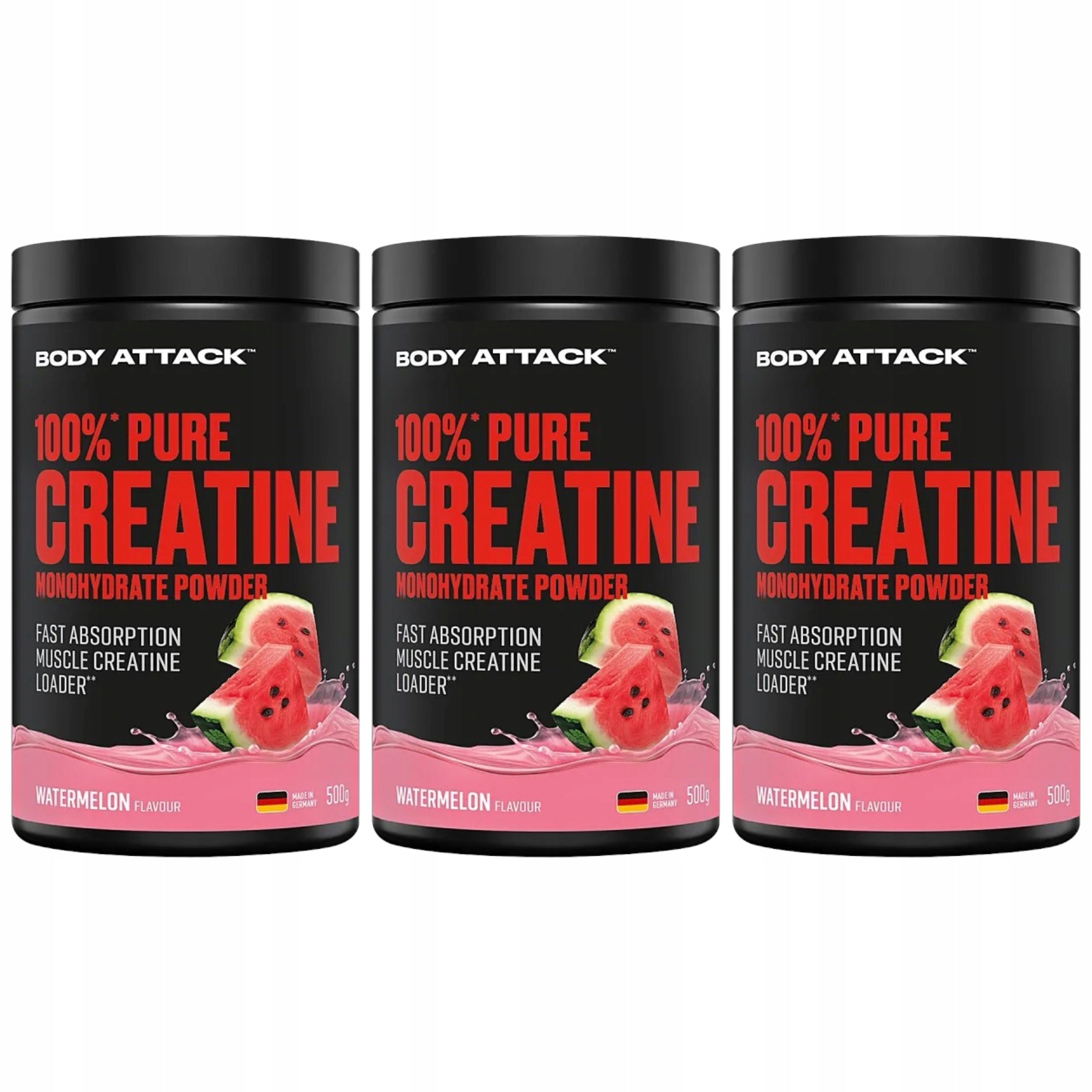3x Kreatin Body Attack 100% Pure Creatine Monohydrate 500 g Meloun 100 porcí