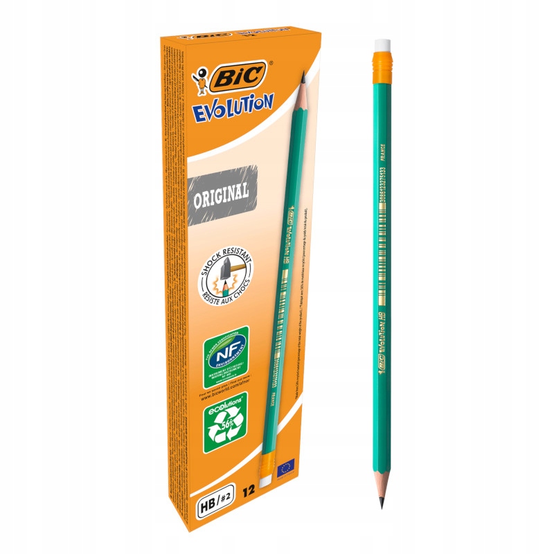 BIC EVOLUTION 655 HB OŁÓWEK NIEŁAMLIWY Z GUMKĄ ZESTAW WYTRZYMAŁY x12