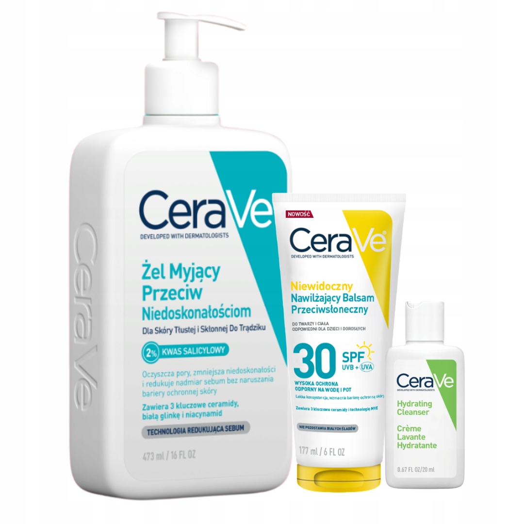 CeraVe Żel myjący przeciw niedoskonałościom, balsam przeciwsłoneczny Spf 30