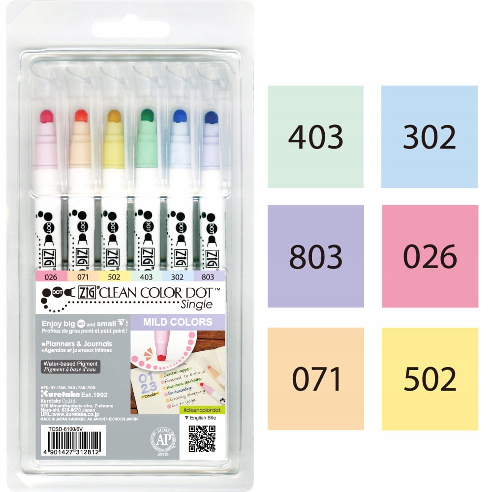 Clean Color Dot Marker 6 colors. Mild Colors. Kuretake