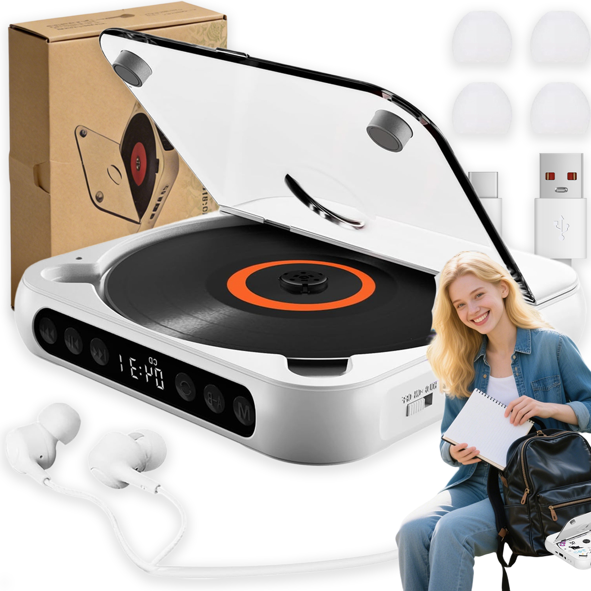 Silný Zvuk Přenosný Bluetooth CD Přehrávač 10W 2000 mAh Bílý Dárek