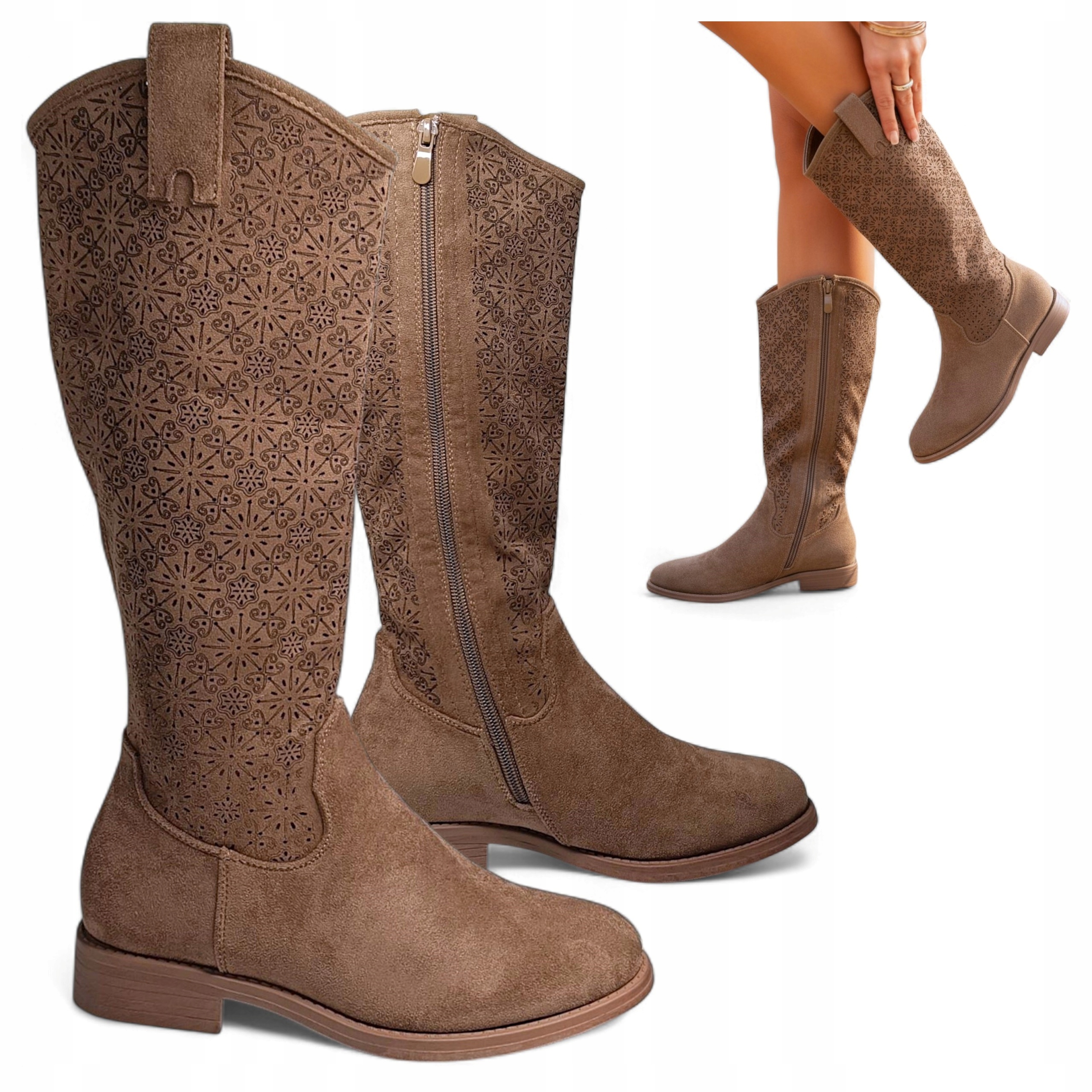 Dámské dlouhé kozačky 40 Ploché Kovbojské Boty Ažurové Semišové Podzimní Barski