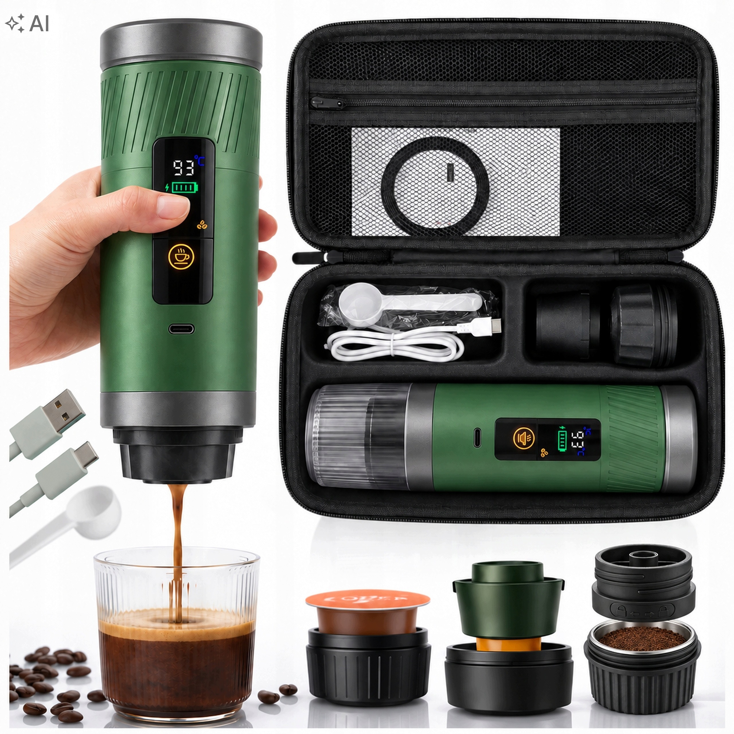Turistický tlakový kávovar na kapsle a mletou kávu 3v1 80 ml