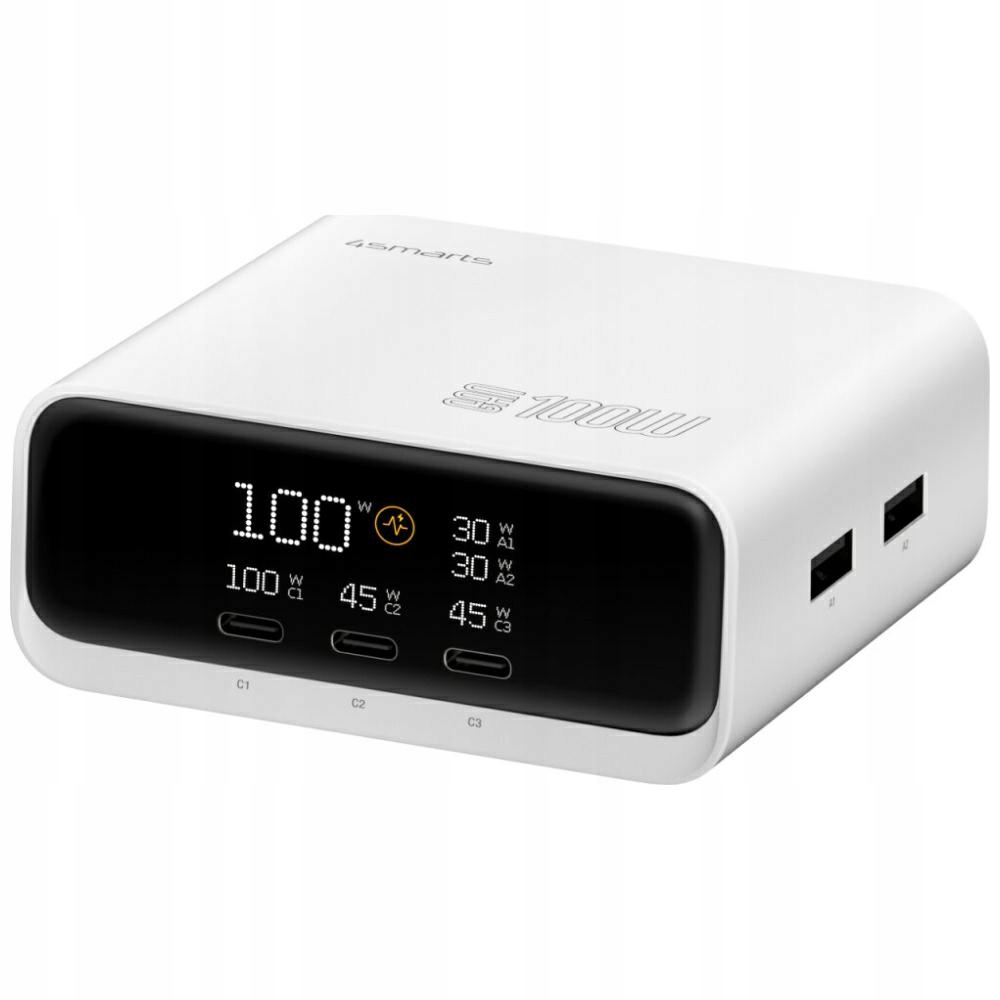 Nabíjacia stanica 4smarts Desk Charger GaN Screen 100W 3xUSB-C+2xUSB-A biela