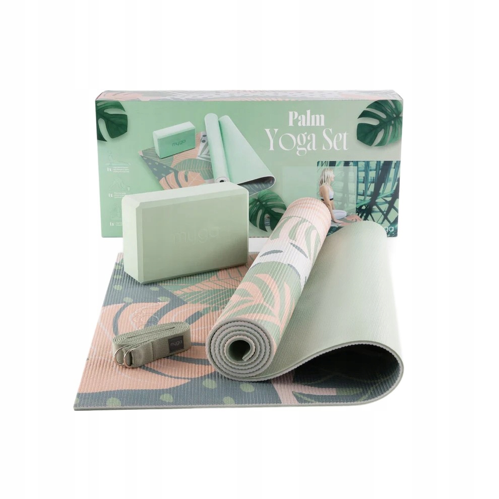 Zestaw do jogi myga Palm Yoga Set: mata 6mm, klocek, pasek 180 cm