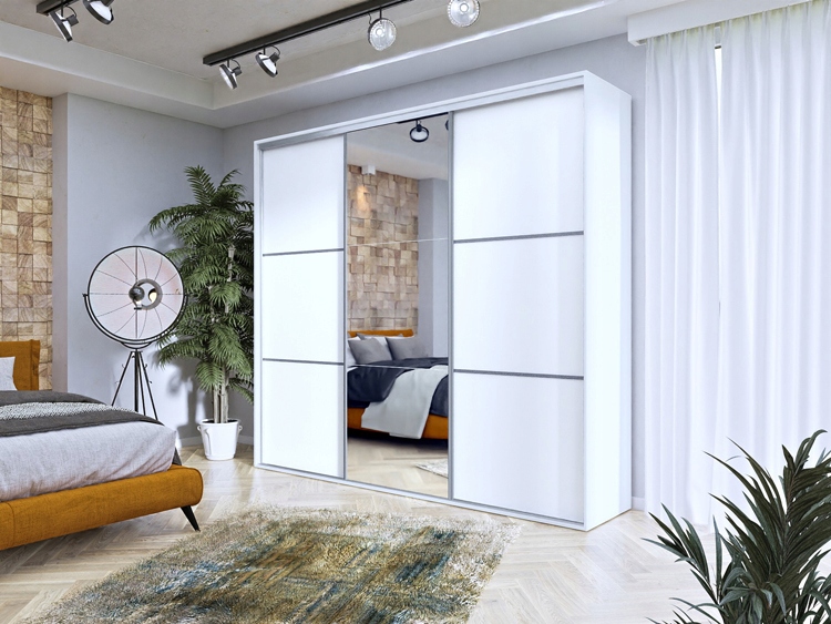 BIAŁA SZAFA Z DRZWIAMI PRZESUWNYMI I LUSTREM 275CM Marka Elior