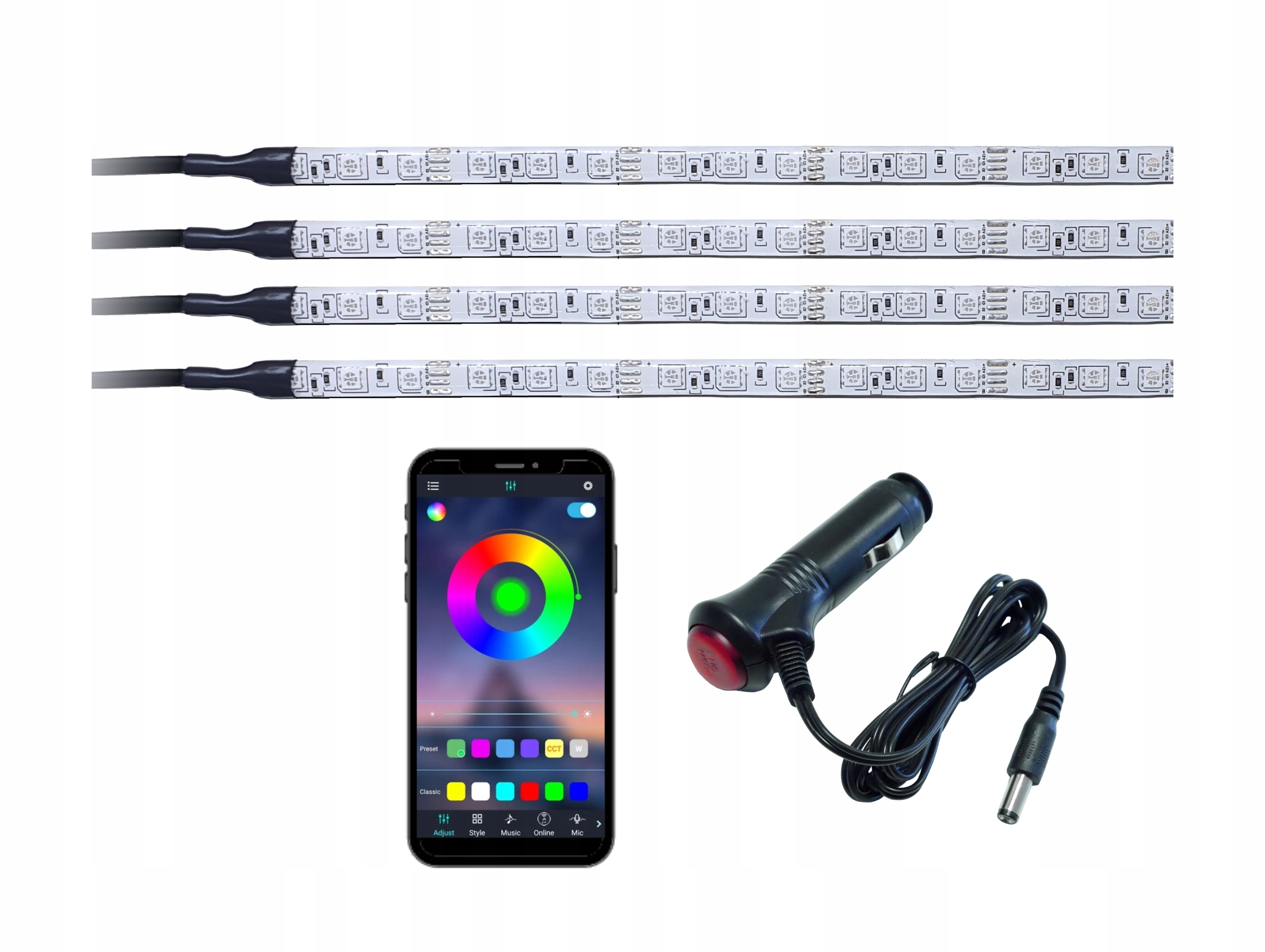 LED wnętrza kabiny auta RGB 4x30cm BLUETOOTH