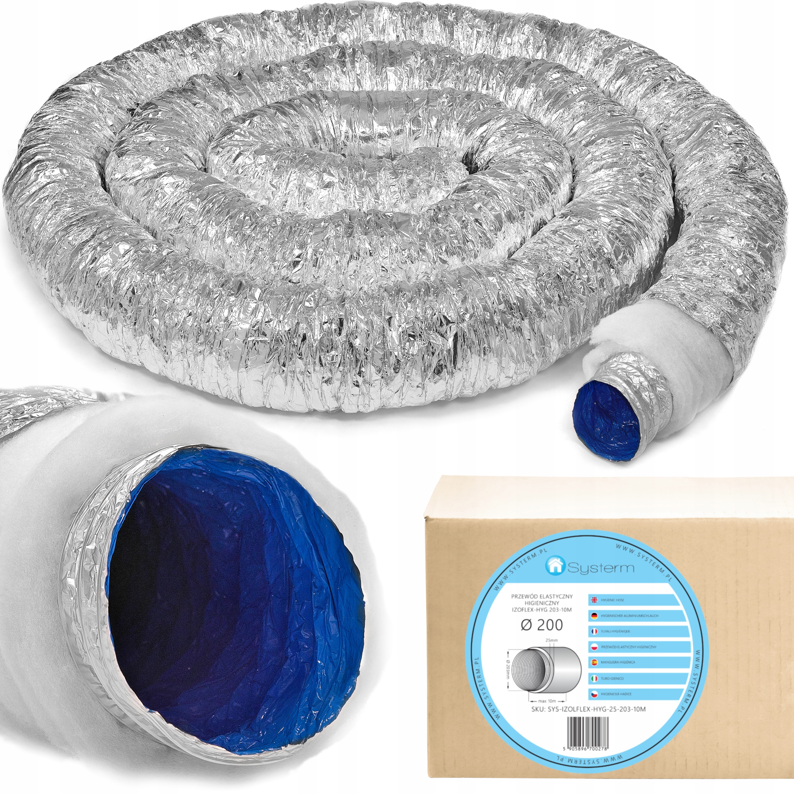 Rúrka Spiro Izolovaná Kabelka 200 mm 10 m Elastická Hygienický ventilačný systém