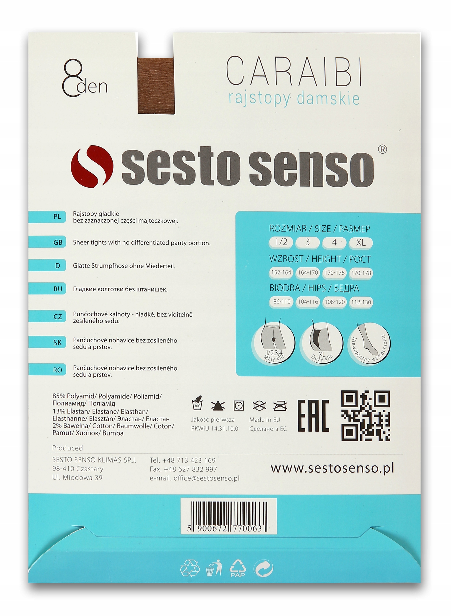 Klasyczne Cienkie Rajstopy CARAIBI 8DEN R.2 Cypria Grubość 8 den