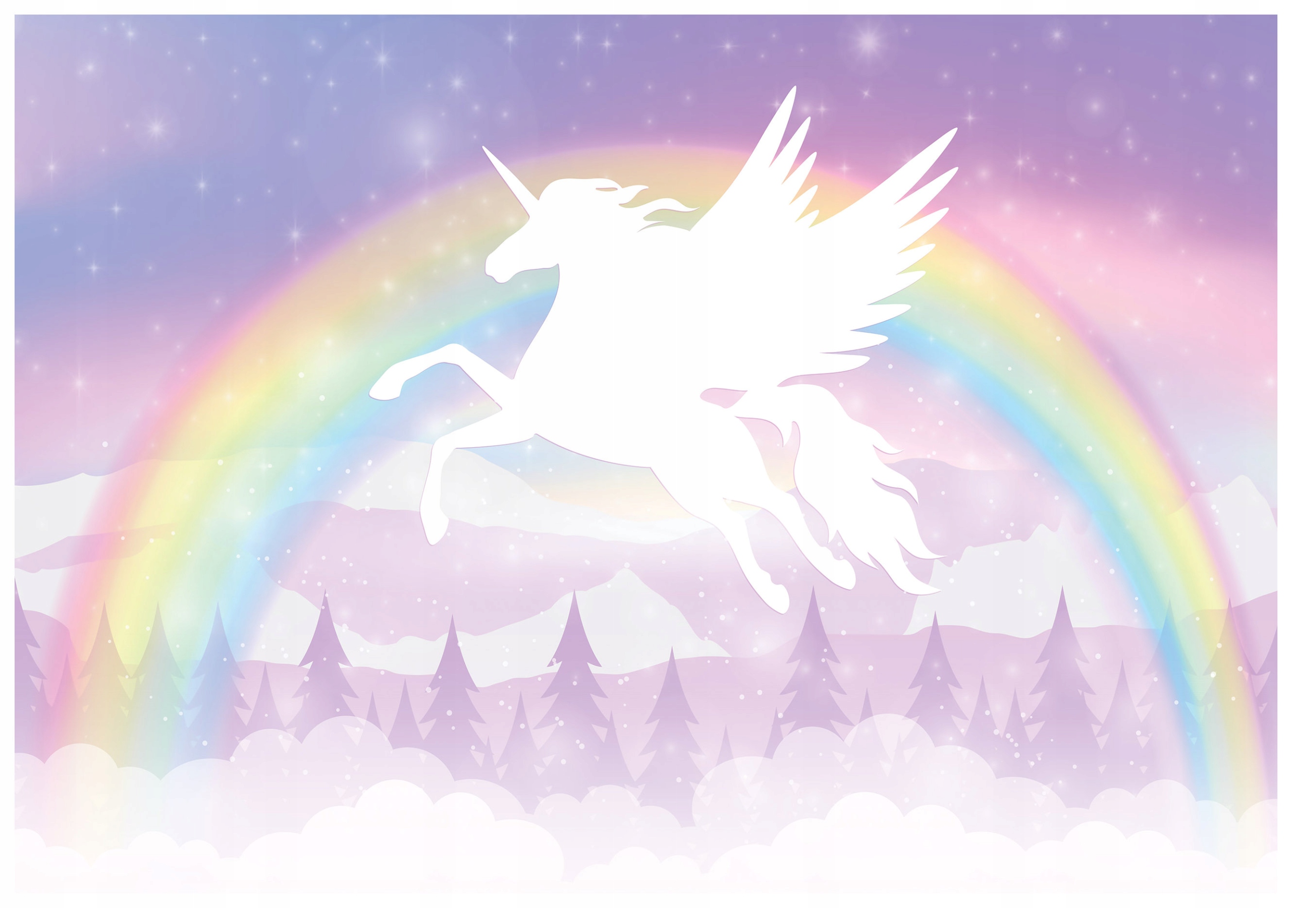 Vliesová fototapeta Jednorožec pastelové nebe duha hory 368x254 lepidlo