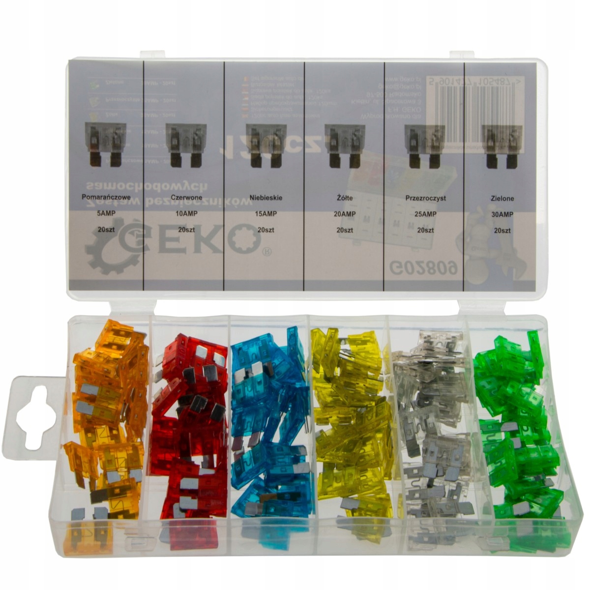 ZESTAW BEZPIECZNIKÓW SAMOCHODOWYCH 120 SZT 5A-30A Marka Geko