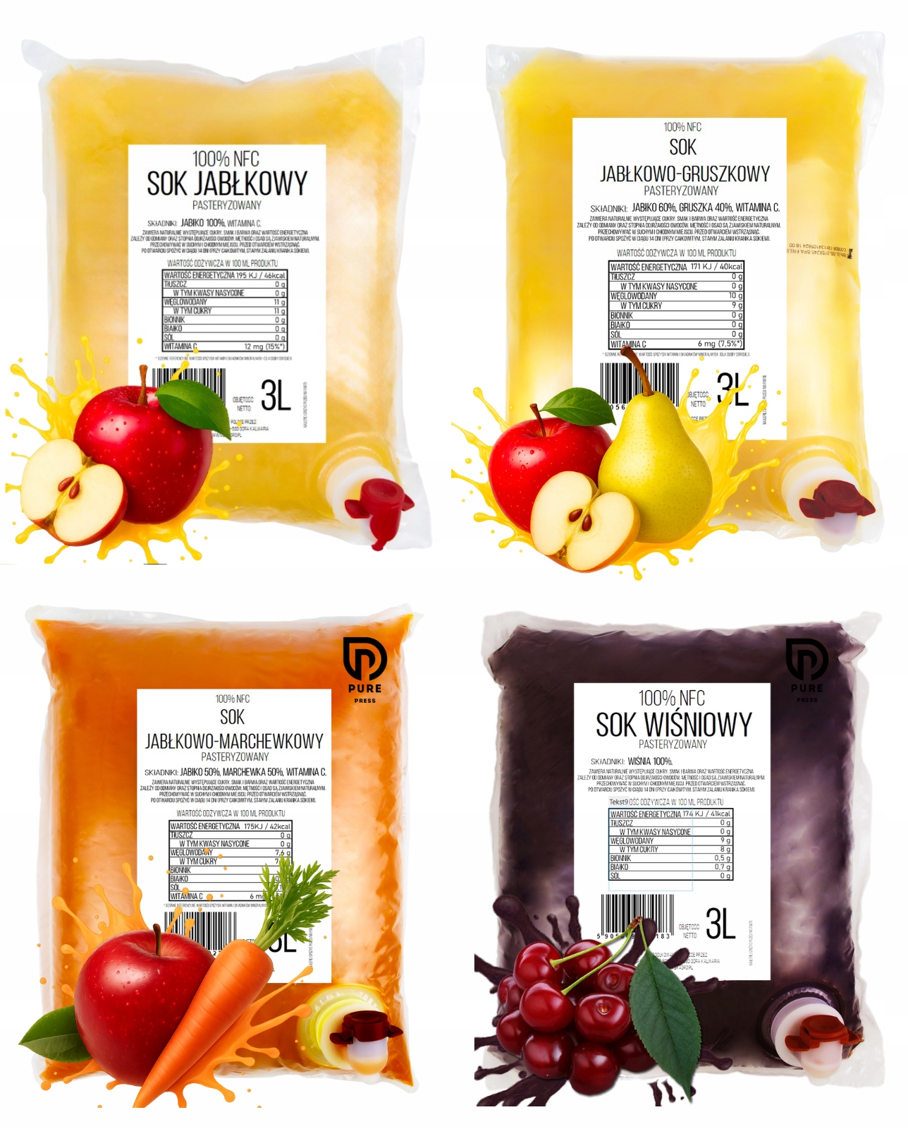 Levně MIX Šťávy Nfc Pure Press Jablko Hruška Jablko Mrkev Višeň 4 x 3L