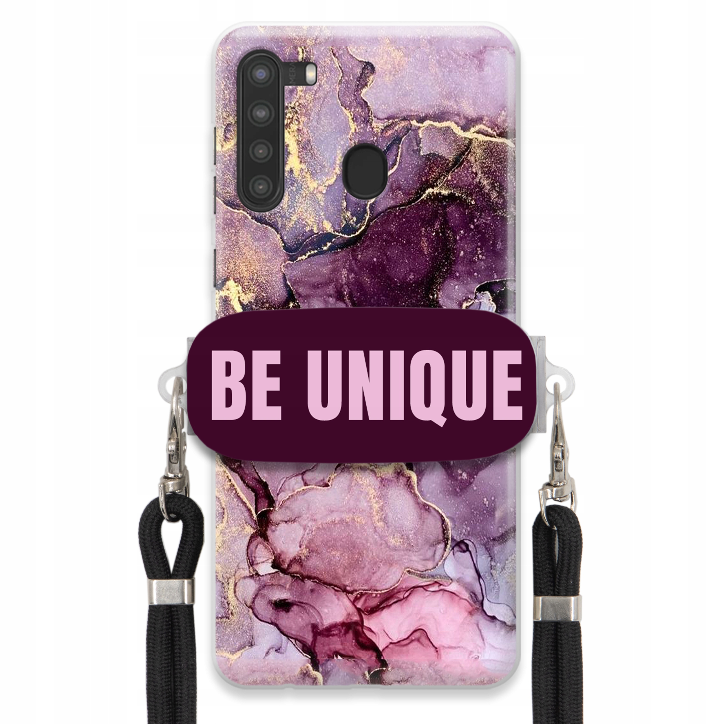 Prémiové puzdro pre Samsung A21 Case držiak na šnúrku Čierny fialový mramor