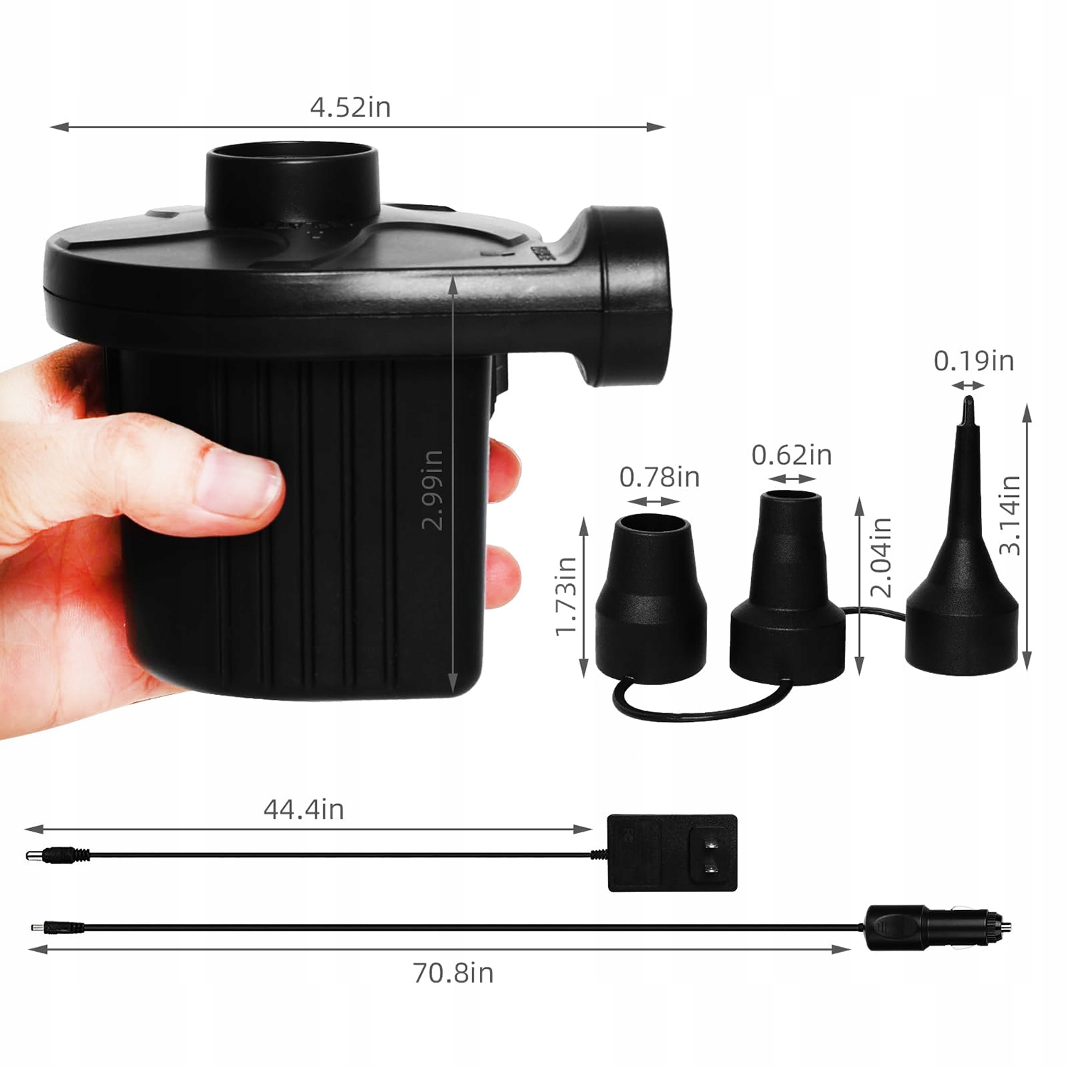 ELEKTRYCZNA POMPKA PIŁKI MATERAC 12V/230V+KOŃCÓWKI Długość pompki 11 cm