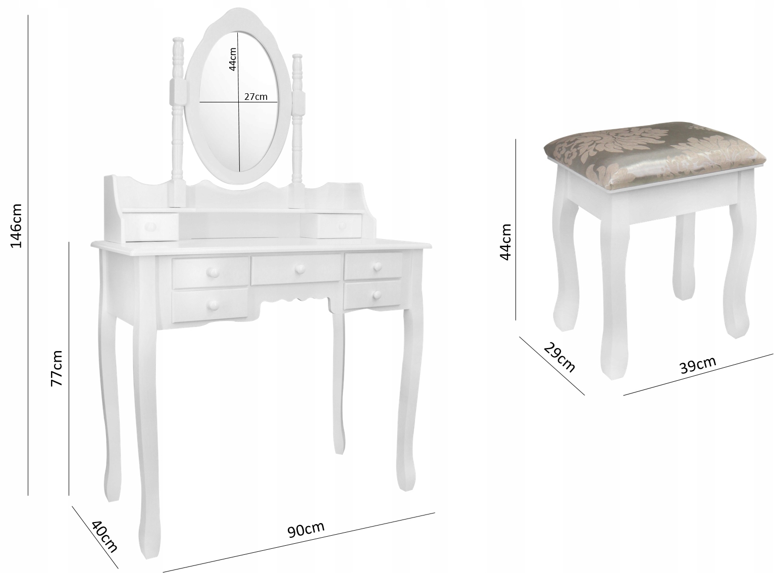 TUALETE DIDELIS KOSMETINIS VEIDRODIS MAKIAŽAS + taburetė Baldo gylis 40 cm