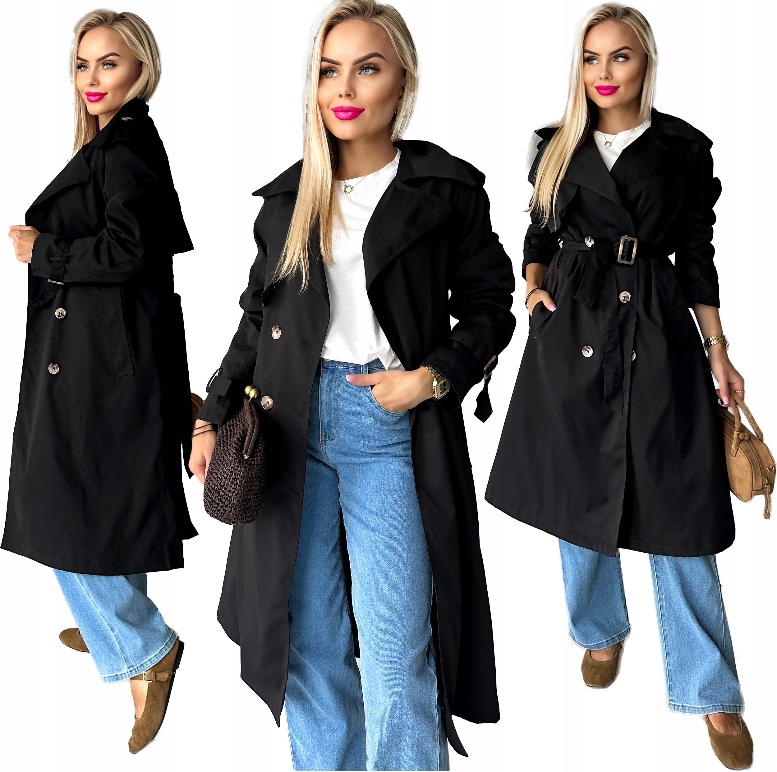 Dlouhý klasický Kabát Trenčkot dámský prachovka podšívka černá S M TR0X