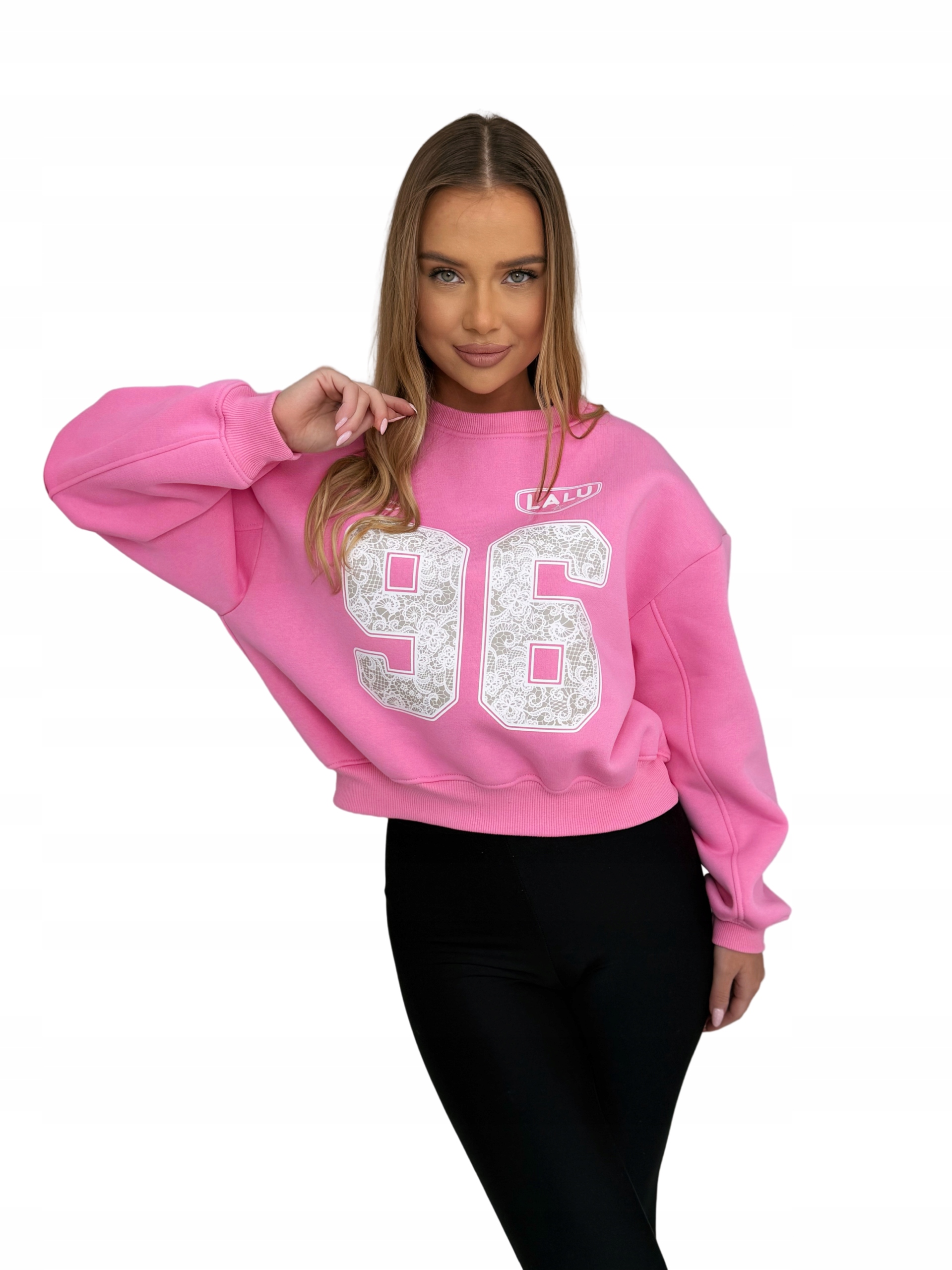 Mikina bez kapuce oversize LaLu "96" bonbónově růžová