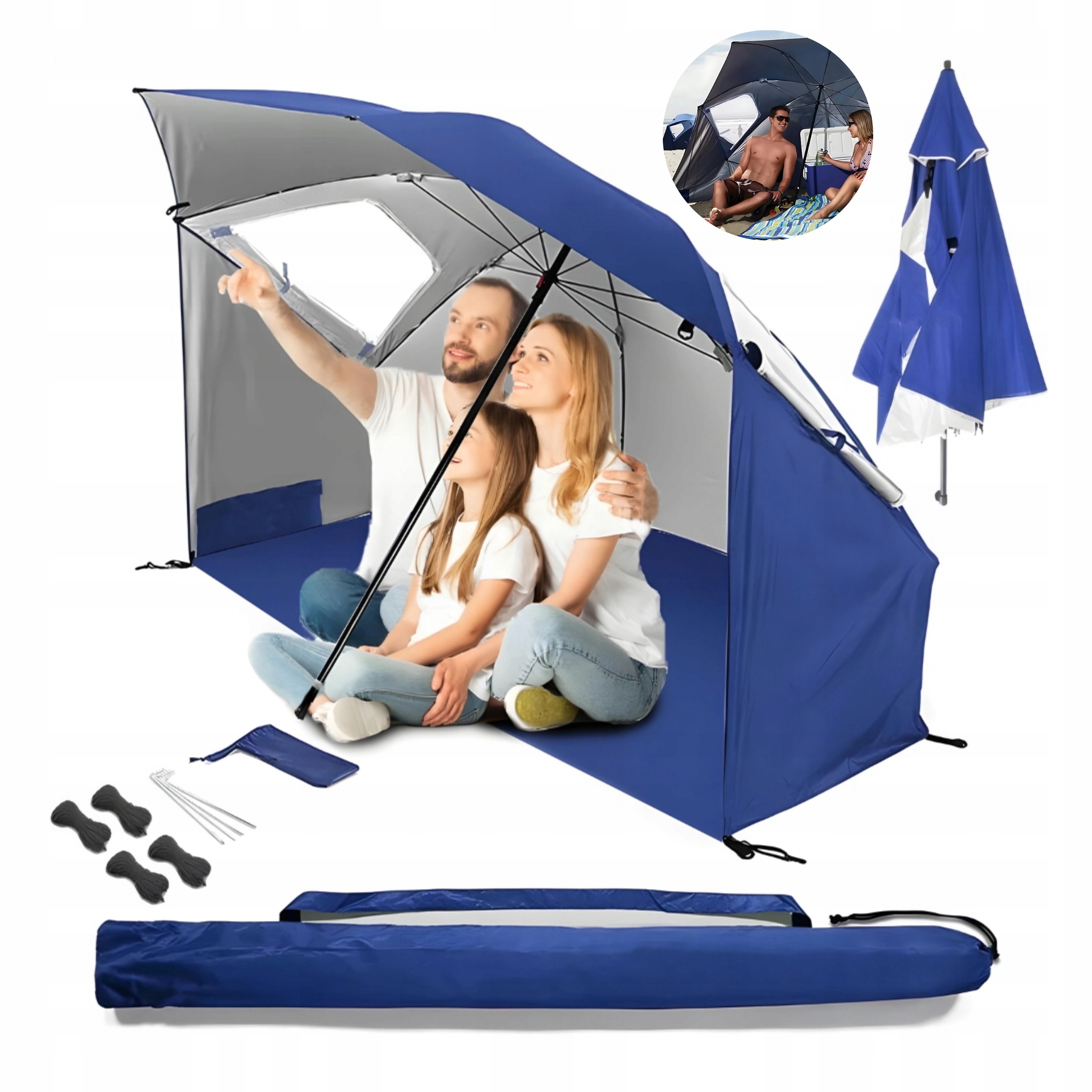 DUŻY PARASOL PLAŻOWY OGRODOWY NAMIOT PARAWAN 2w1 240 CM SKŁADANY XXL