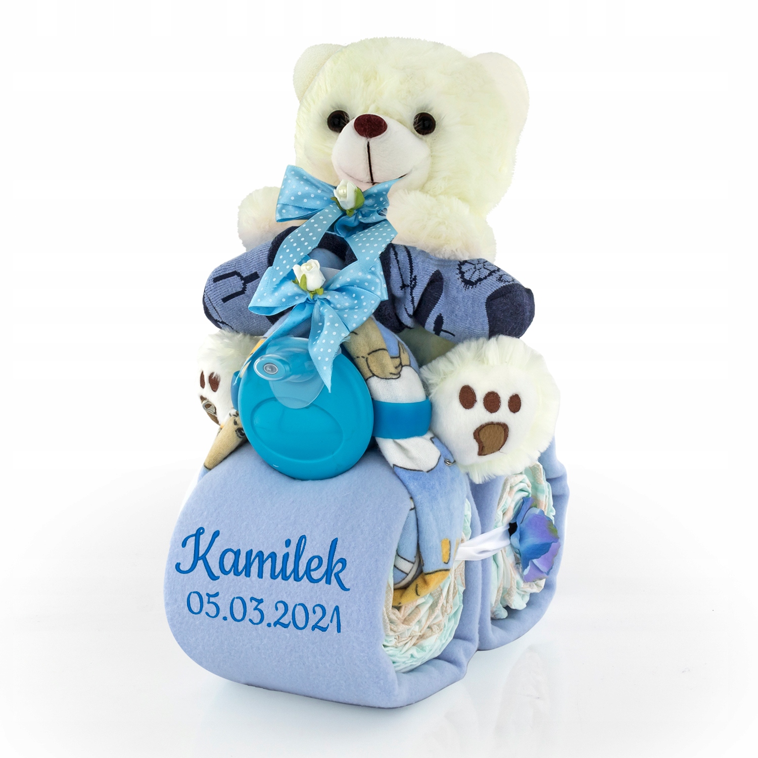 

Motorek Tort z pampersów 3 na Chrzest Haft