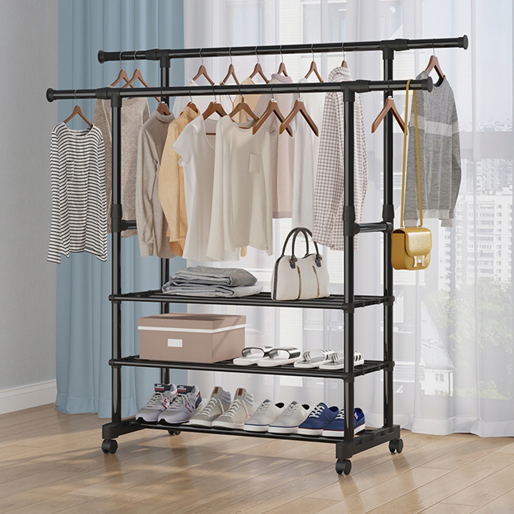 Levně Regulovatelný Stojanový Věšák Na Kolečkách, Dvouprutový, 3 Vrstvy, Černý