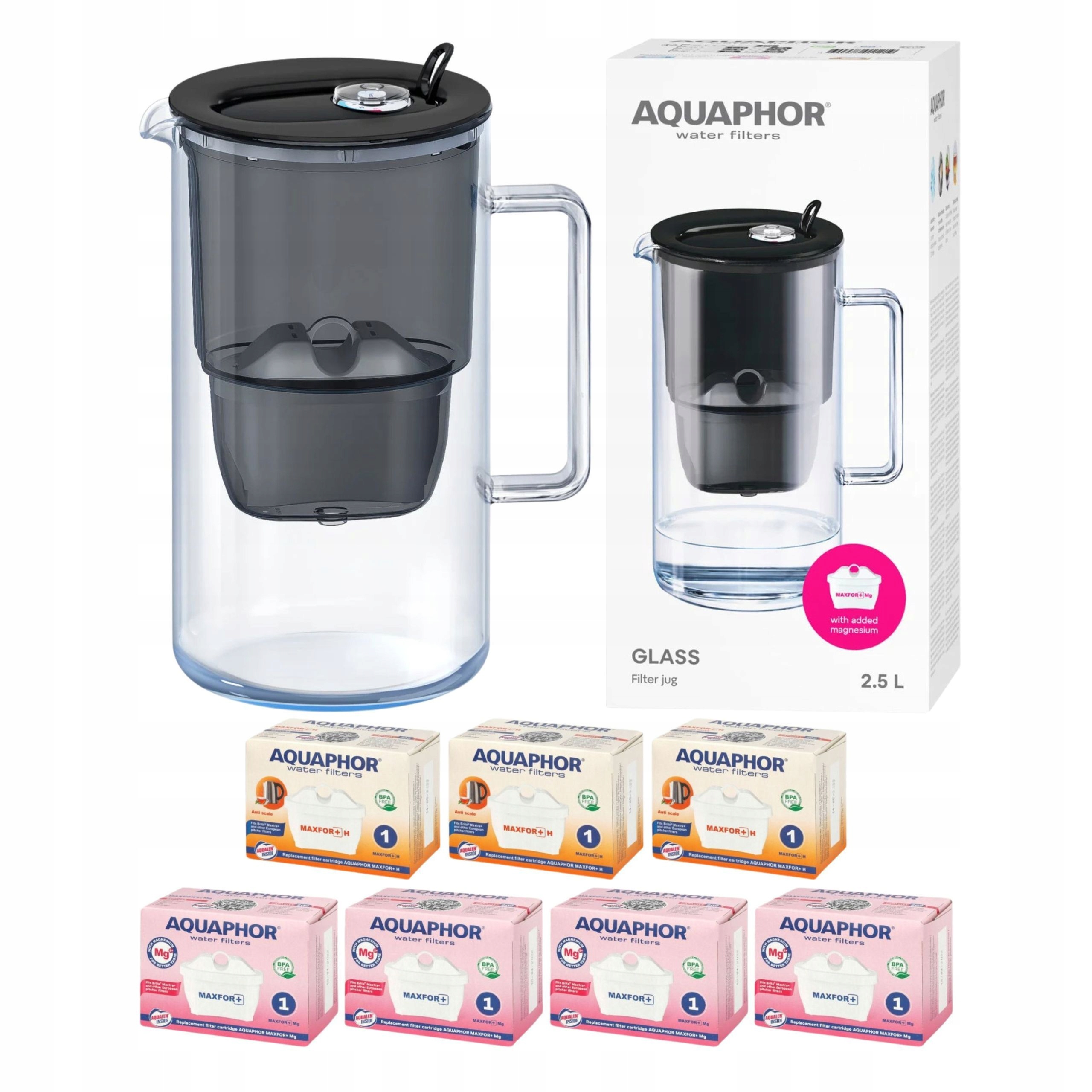 Skleněná filtrační konvice Aquaphor Glass černá 7 filtrů (4Mg+3H)