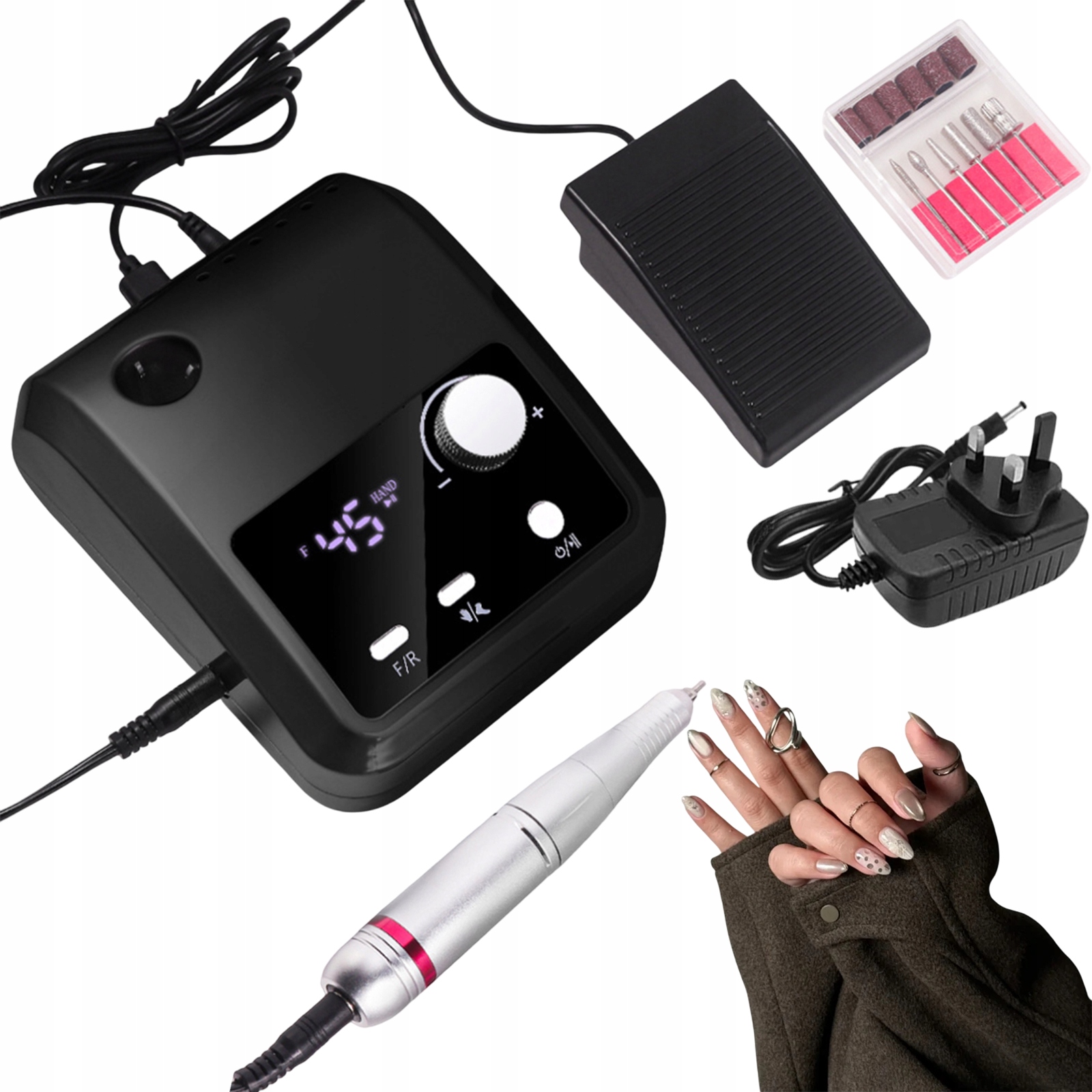 Bruska 45000 Ot/min S Pedálem Pro Manikúru A Pedikúru, Černá