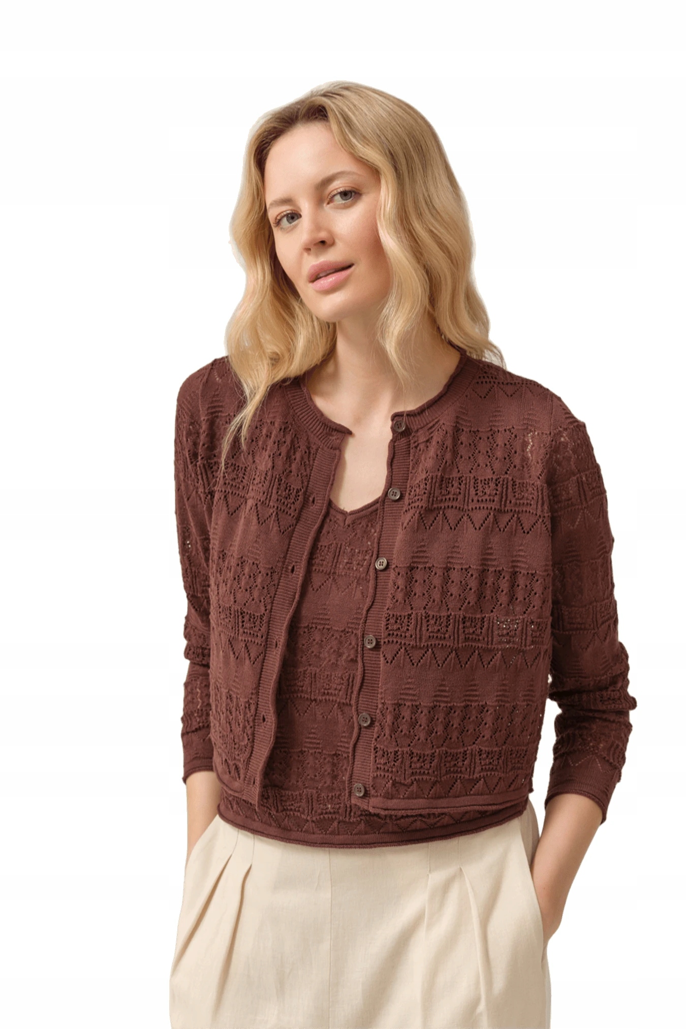 Dámský Svetr Hnědý Elegantní Dámský Kardigan Módní Feria 42