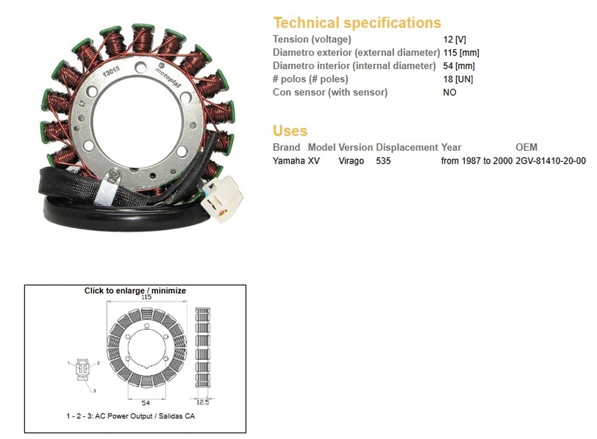 Vinutie Alternátora Stator Yamaha XV 535 Virago 87-00