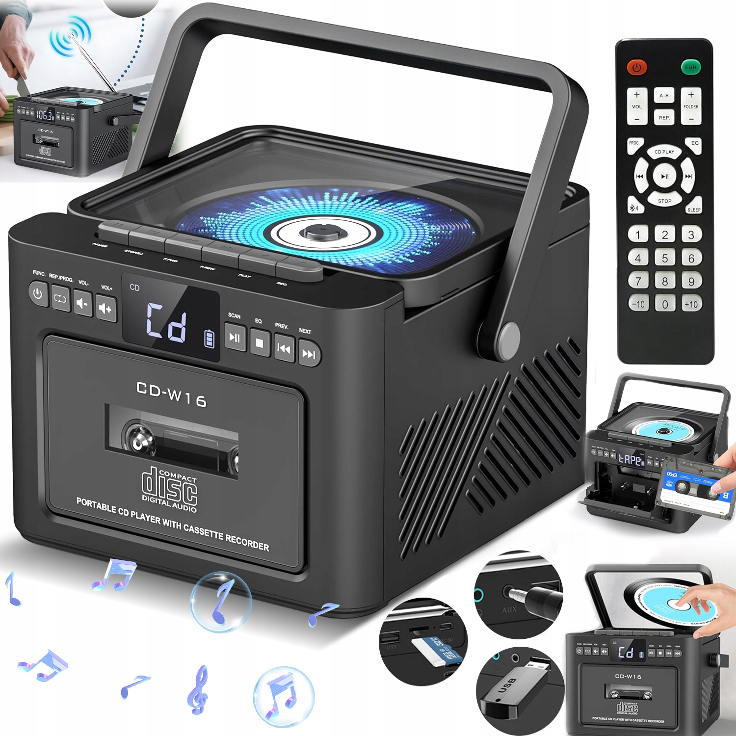CD Přehrávač S Bluetooth Kazetou, Fm Rádio S Držadly A Přenosem