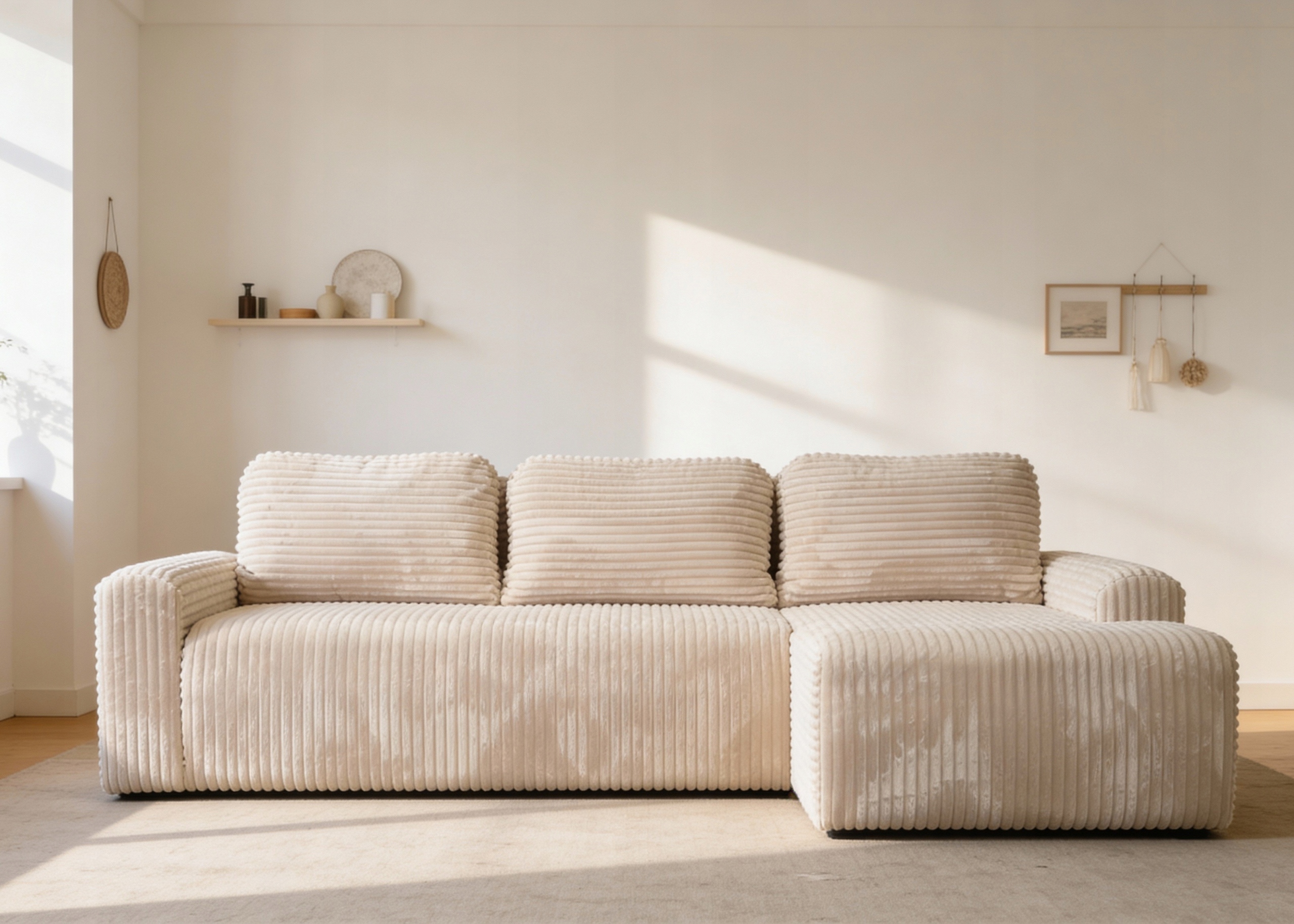 Rohová Sedací Souprava s funkcí spaní Nesso pravá s úložným prostorem na povlečení krémová