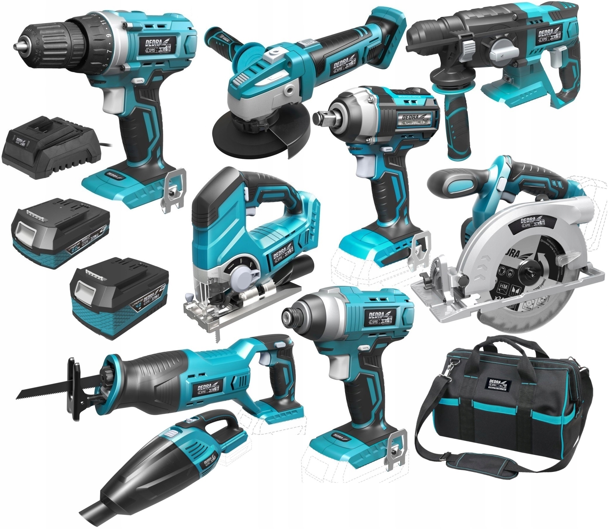DEDRA ZESTAW COMBO 9 NARZĘDZI 18V 2x BATERIA TORBA