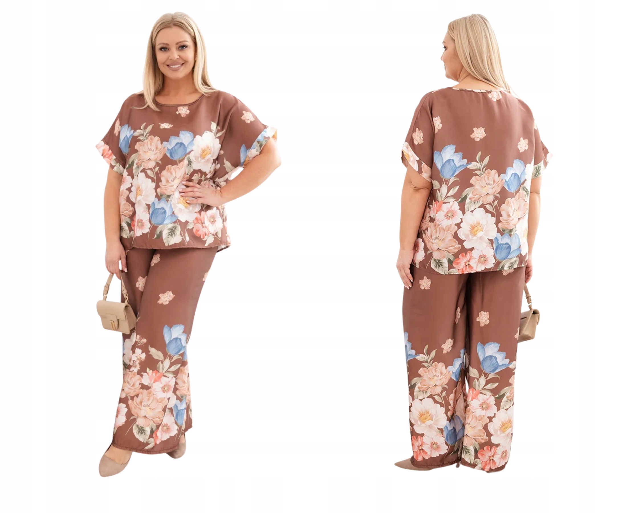 Hnědý dámský komplet plus size, halenka s krátkým rukávem a kalhoty