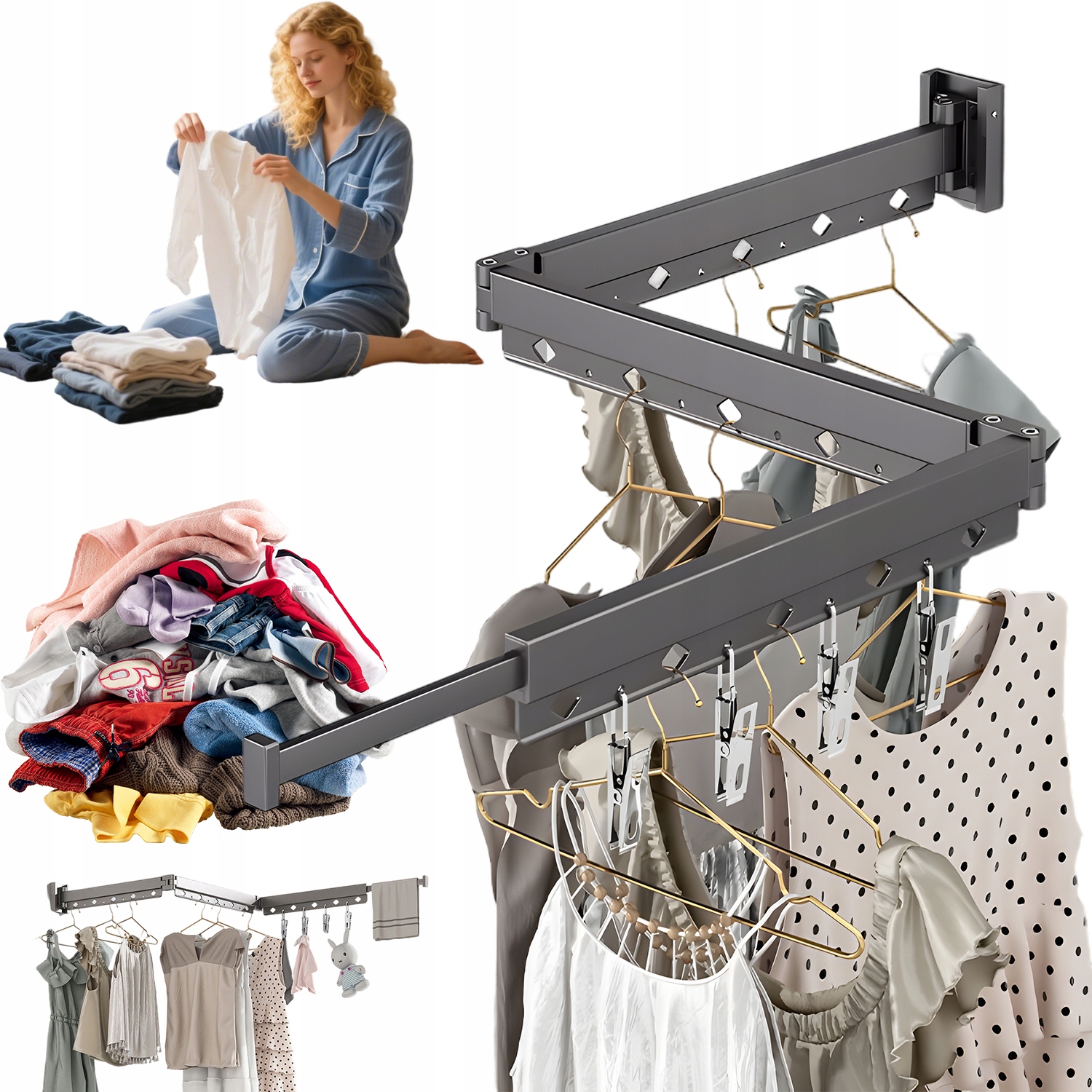 Levně Skládací Rozkládací Nástěnný Věšák Na Oblečení S 20 Klipy, Černý