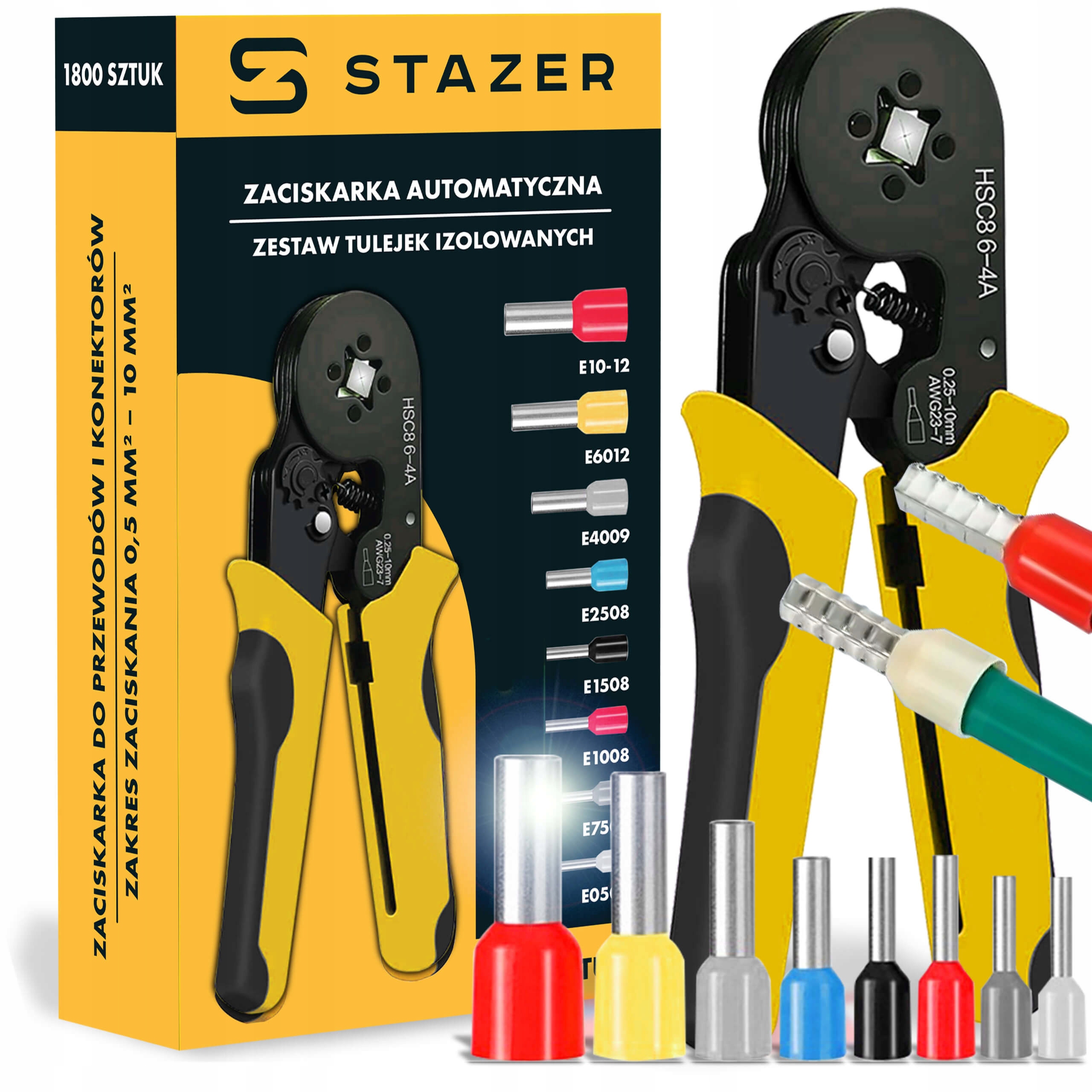 Zaciskarka Stazer żółta 0,25 mm² - 10 mm² z zestawem 1200 tulejek