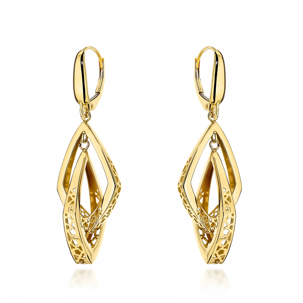 Zlaté náušnice 585, prolamované, dva závěsné kosočtverce, 3.92 g, bez kamenů, 14kt