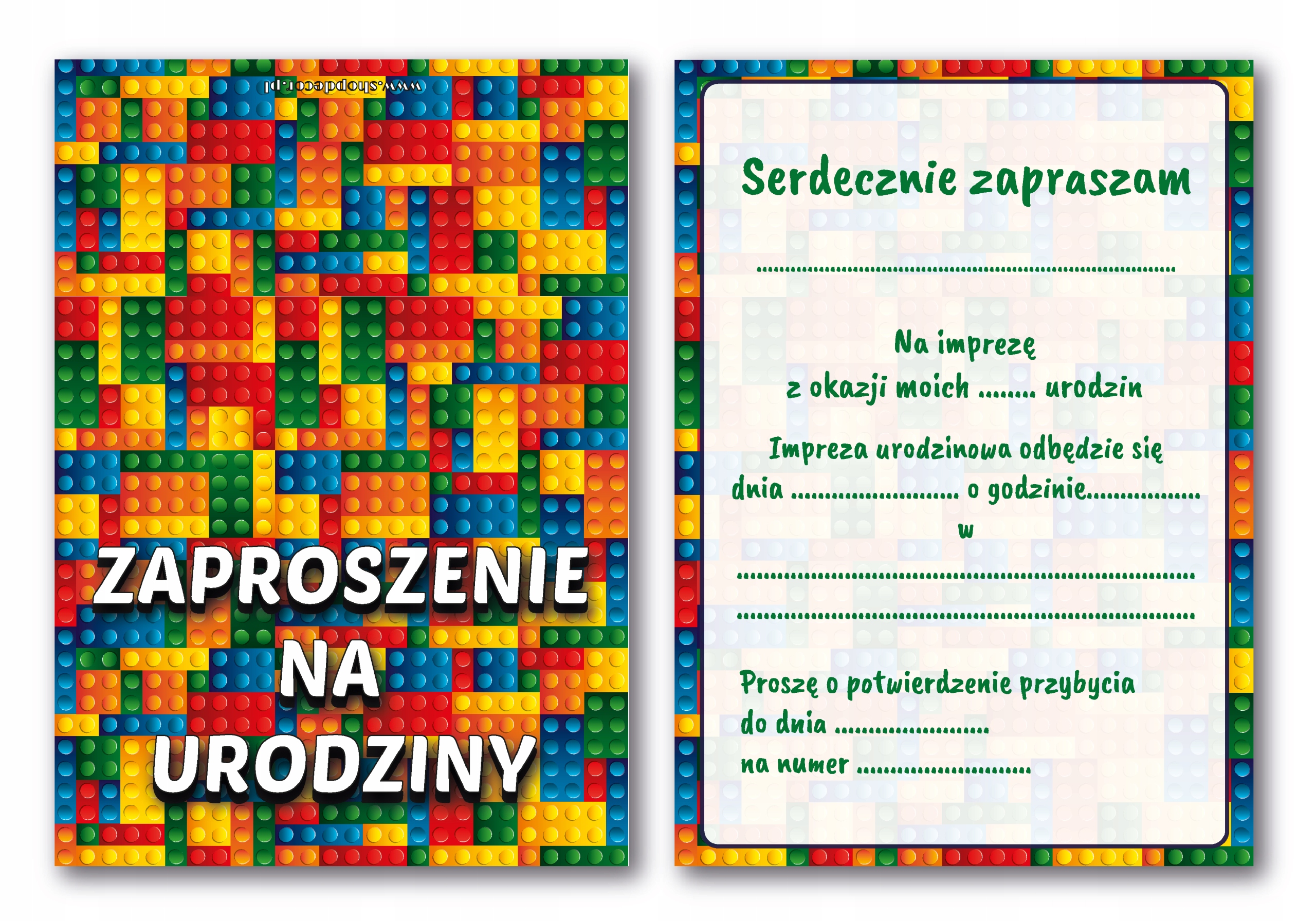 ZAPROSZENIE NA URODZINY KLOCKI LEGO + KOPERTA Marka inna