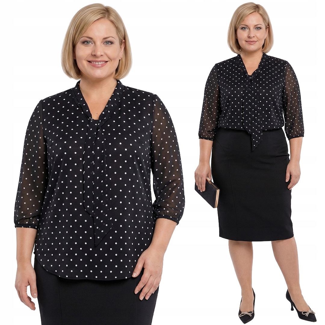 Černá halenka s bílými puntíky a zavazováním plus size velikost 56