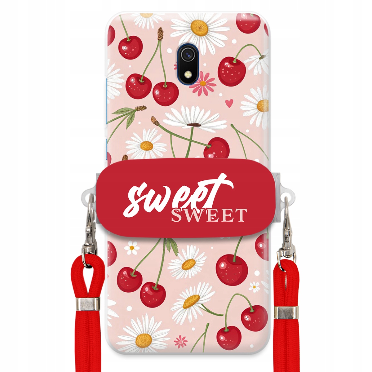 Pouzdro pro Xiaomi Redmi 8A Červené vodítko držák Crossbody Sweet Višňový Květ