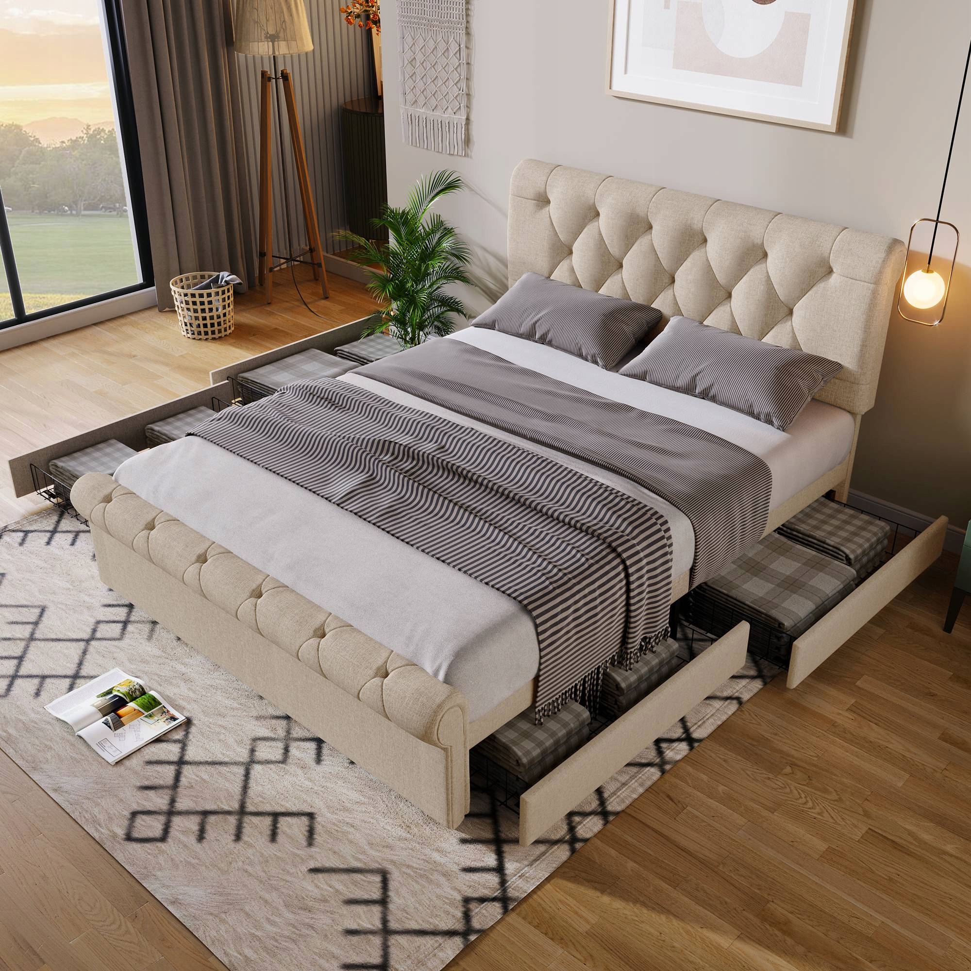 Čalouněná postel Dvojlůžko 140 x 200 cm 4 zásuvky dřevo+Matrace