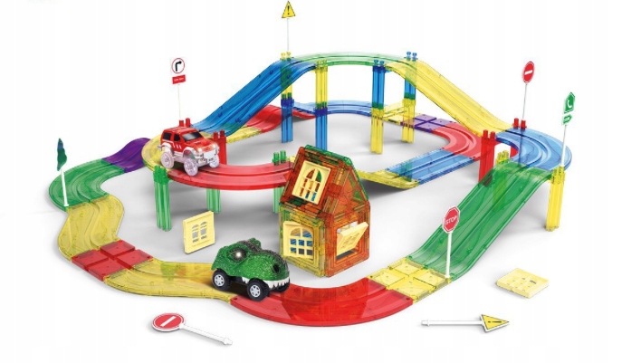 Magnetinių kaladėlių lenktynių trasa su automobiliais rinkinys, 90 dalių