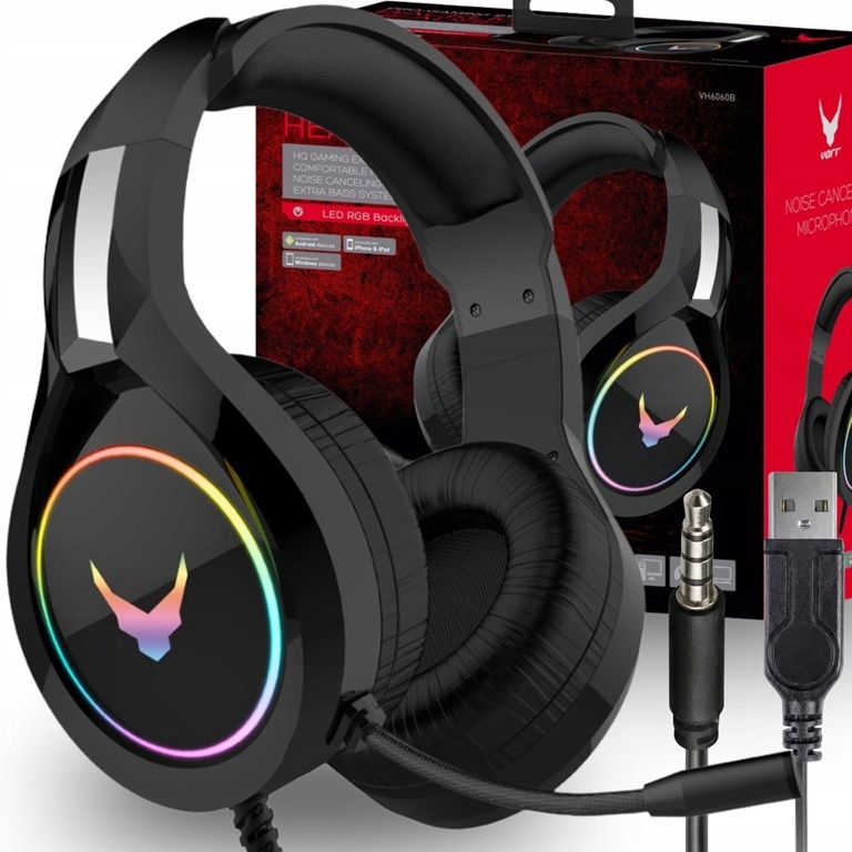 SŁUCHAWKI GAMINGOWE Z MIKROFONEM PRZEWODOWE NAUSZNE PODŚWIETLANE RGB LED PC