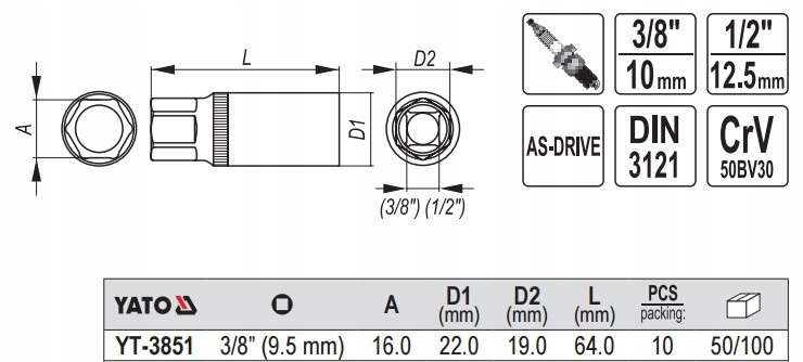 YATO NASADKA DO SWIEC 3/8"16MM YT-3851 Marka Yato