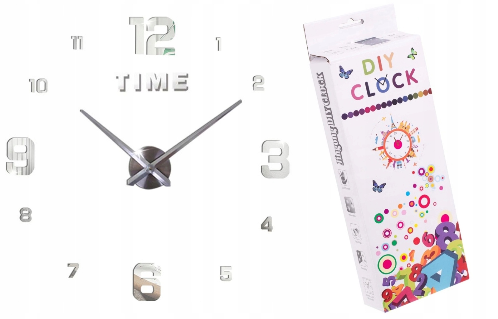 ZEGAR ŚCIENNY 3D NOWOCZESNY NAKLEJANY NA ŚCIANĘ Szerokość całkowita 80 cm