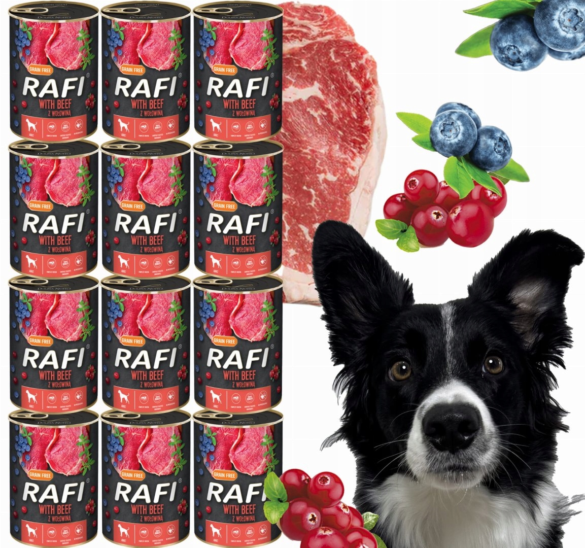 Levně Krmivo pro psy Rafi s hovězím masem, borůvkou a brusinkami 400 g 12 ks