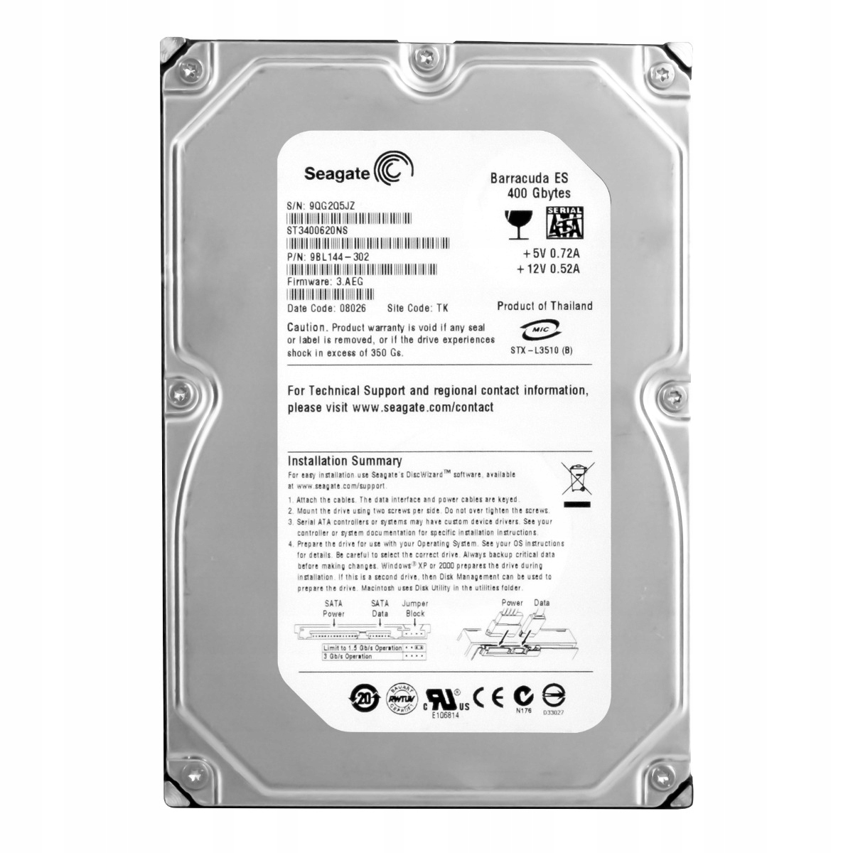 Seagate Barracuda Es 400GB 7.2K 16MB Sata II 3.5" ST3400620NS