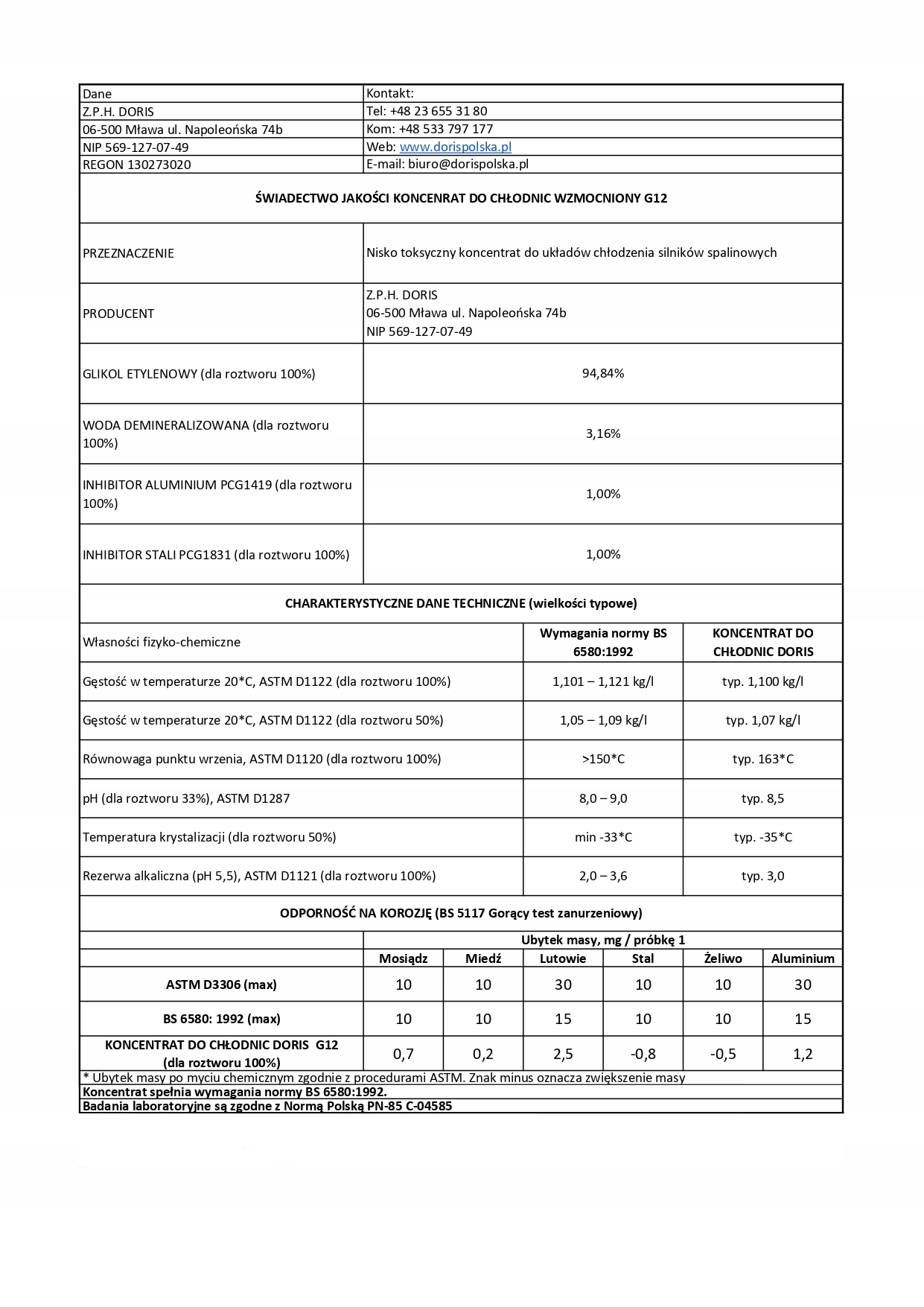 Doris koncentrat do chłodnic czerwony -80C G12 z pojemnikiem IBC 1000L Pojemność opakowania 1000 l