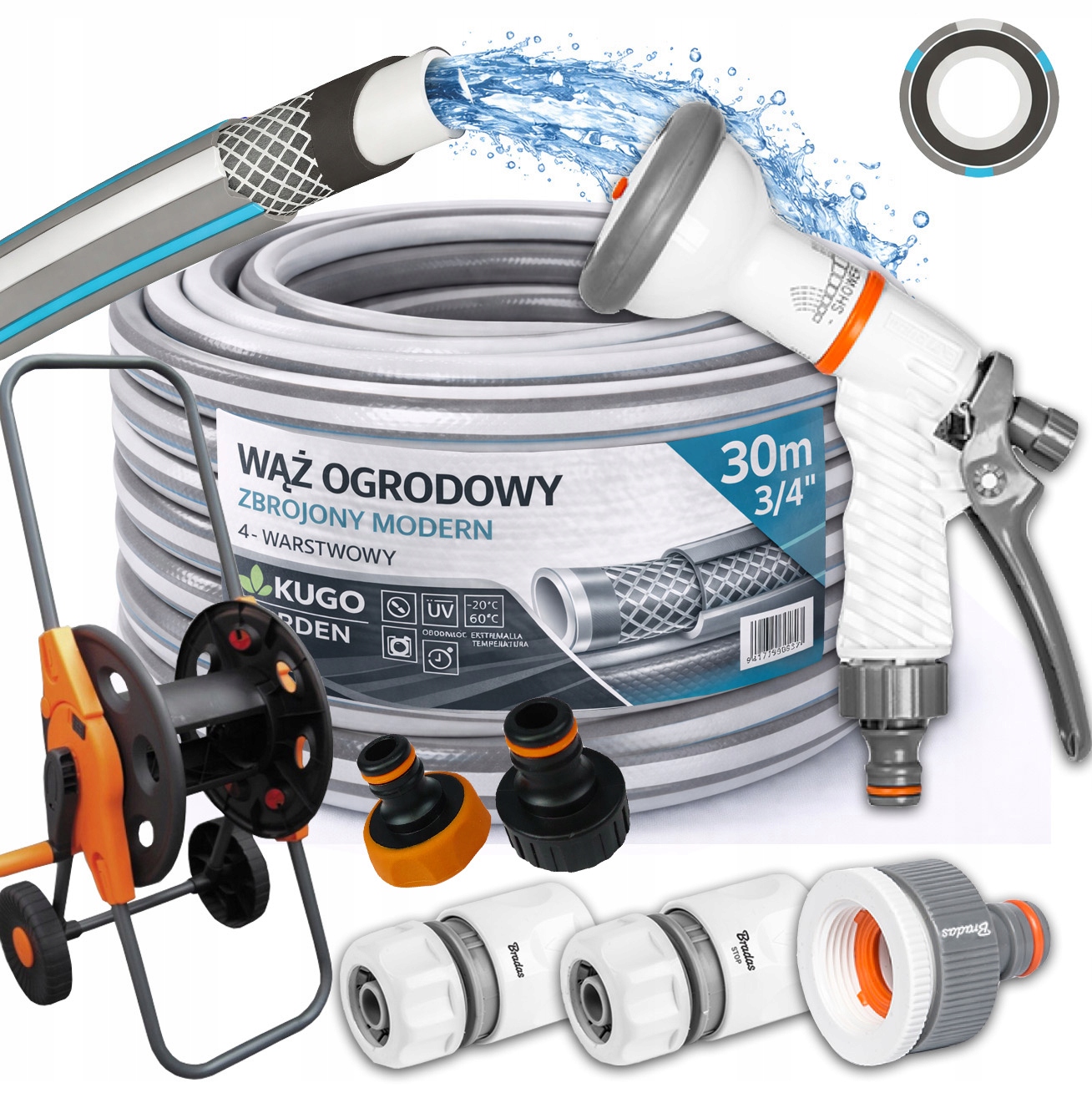 Hadice 3/4" 30 m 4 Vrstvy Moderní Pistole Vozík Set Bradas