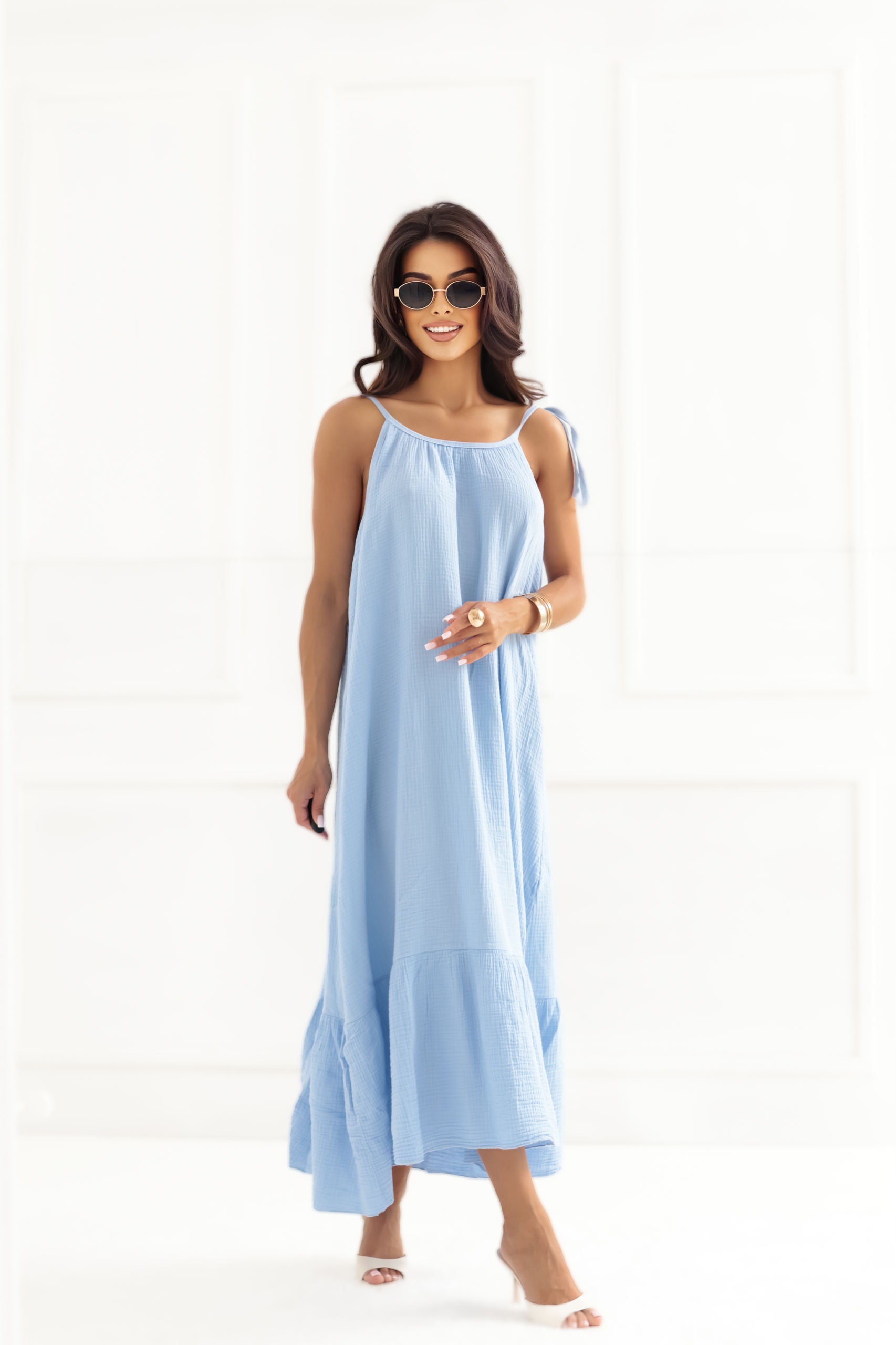 Sukienka letnia luźna maxi muślin bawełna na ramiączkach niebieski Uni